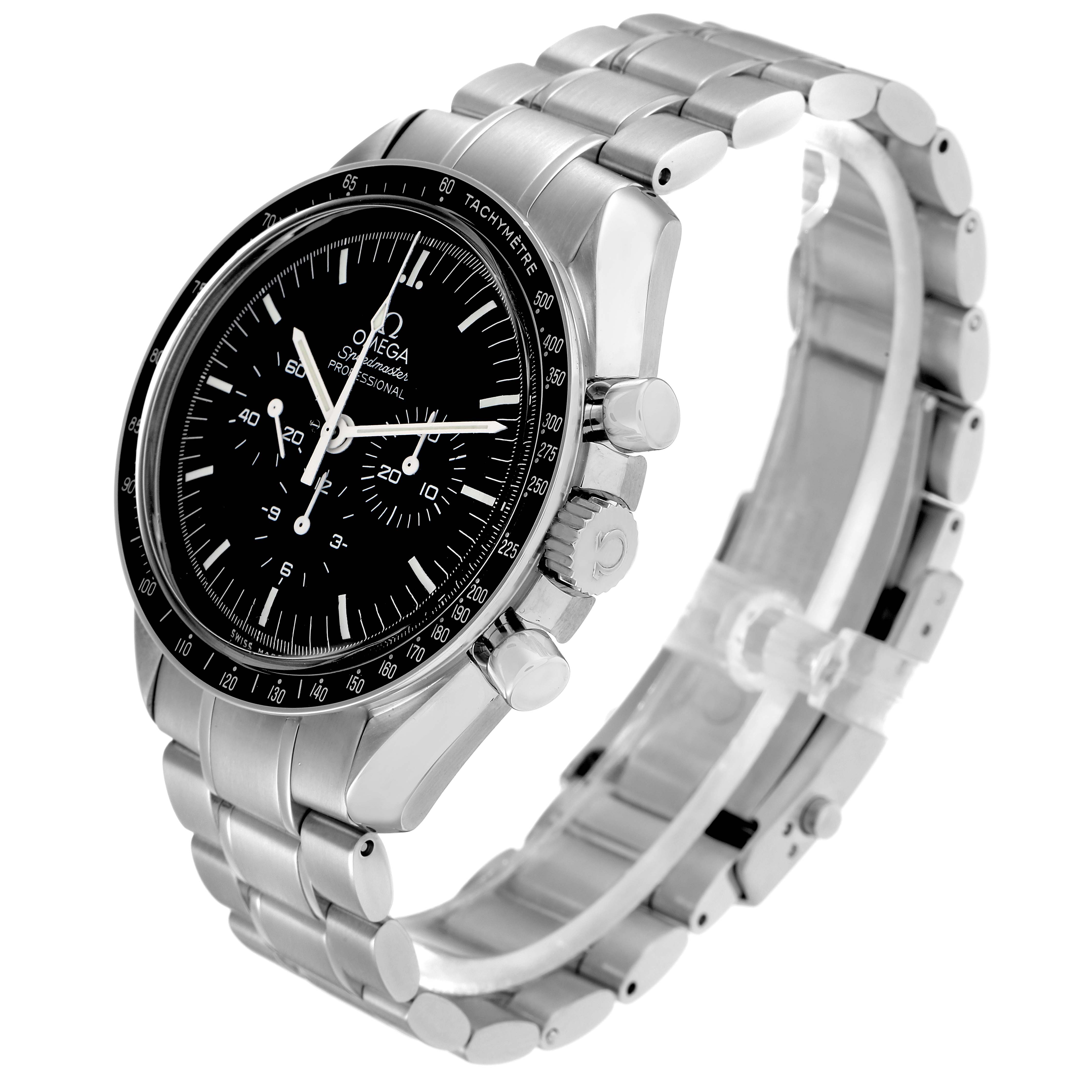 The Omega Speedmaster 3570.50.00 Men
s Stainless Steel Black Dial watch is shown from a three-quarter angle displaying the face, bezel, crown, pushers, and bracelet.