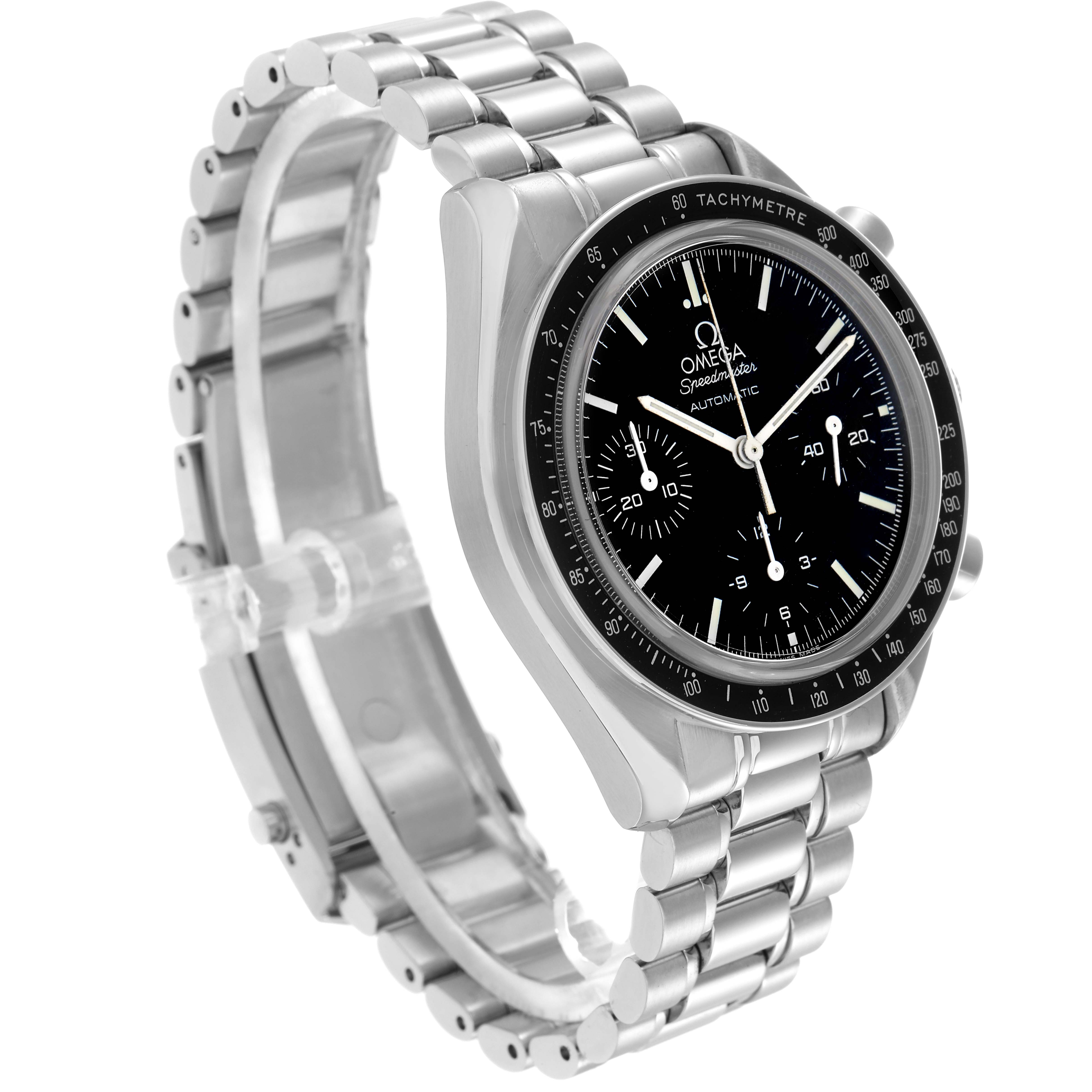 The Omega Speedmaster 3539.50.00 Men
s Stainless Steel Black Dial watch is shown from a three-quarter view, highlighting the bezel, dial, and metal bracelet.
