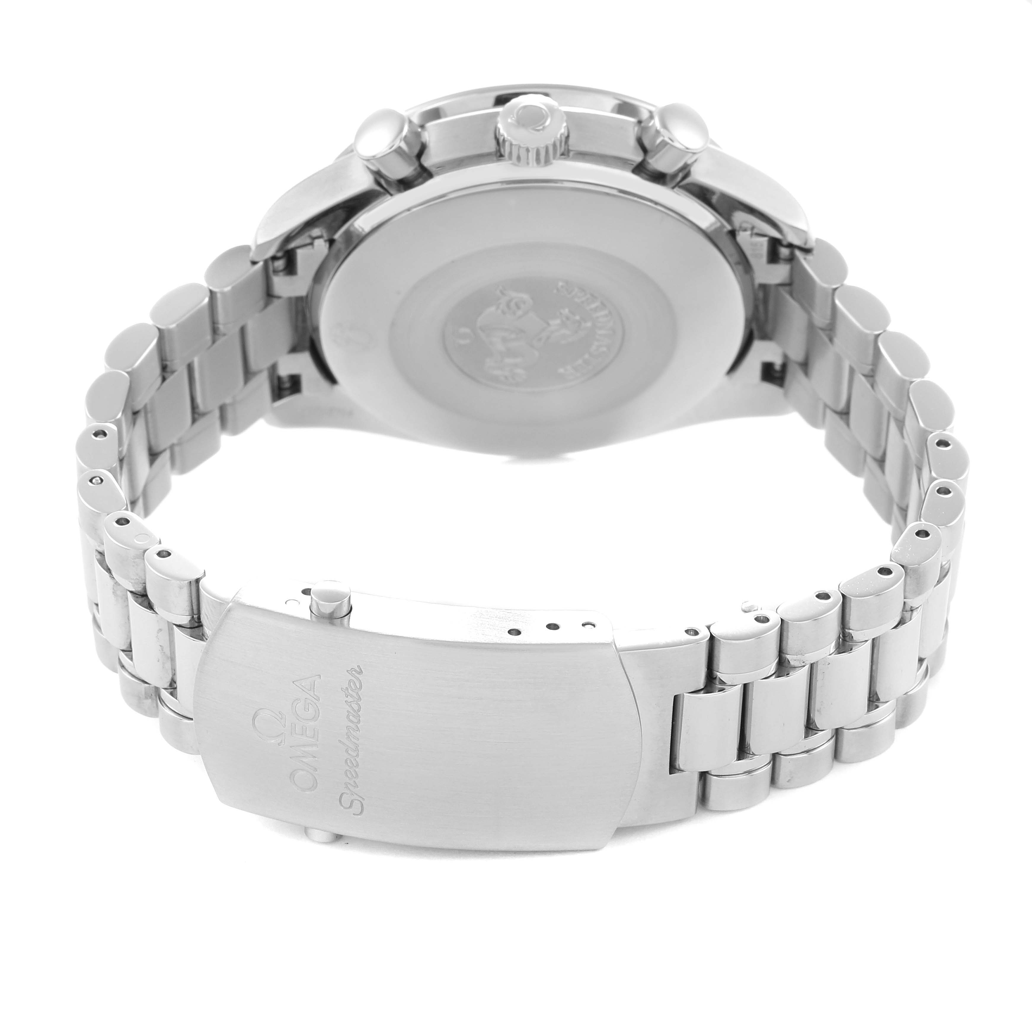 This image shows the Omega Speedmaster 3539.50.00 Men
s Stainless Steel Black Dial from the rear, highlighting the clasp, bracelet, case back, and side pushers.