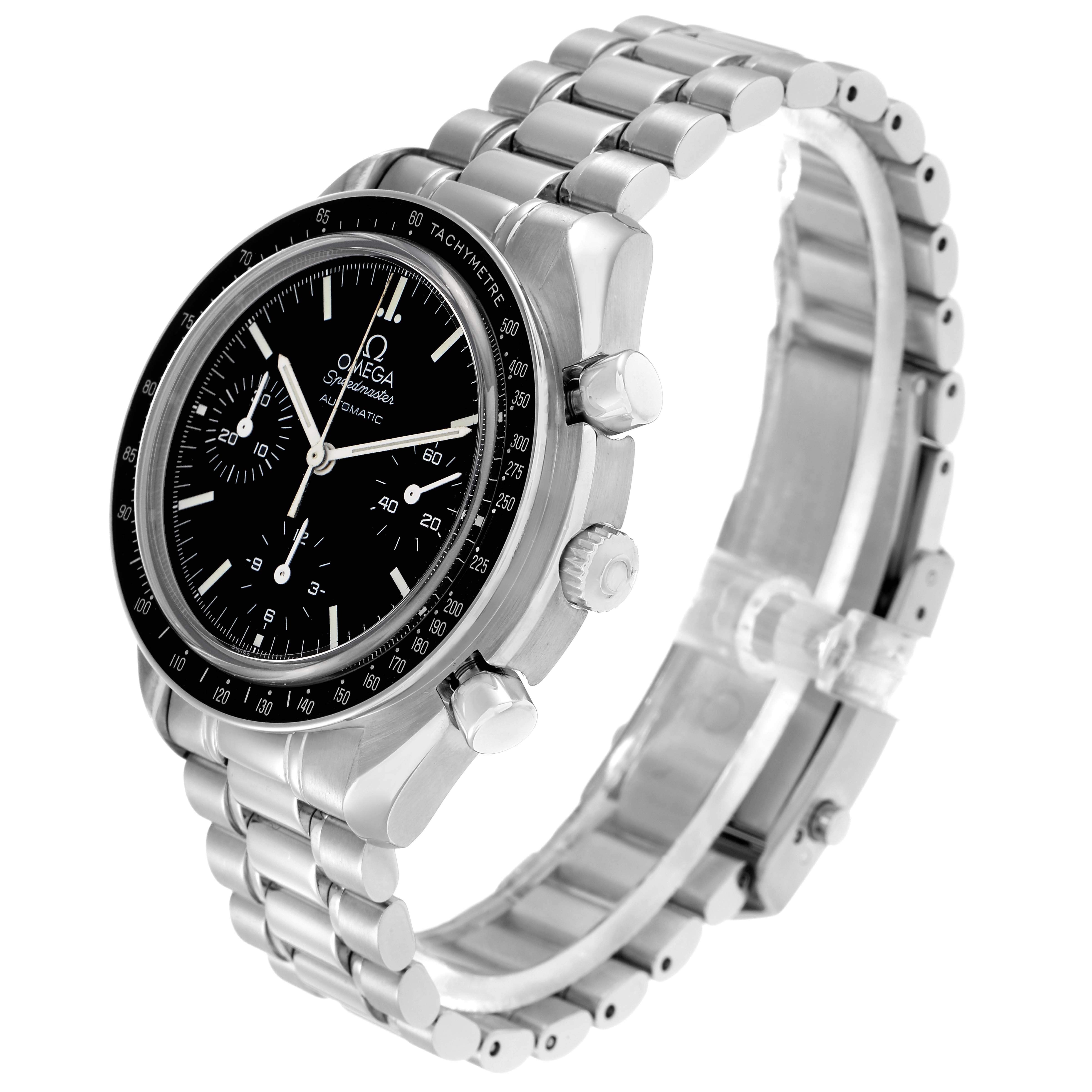 The Omega Speedmaster 3539.50.00 Men
s Stainless Steel Black Dial is shown at a three-quarter angle, highlighting the face, bezel, pushers, and metal bracelet.