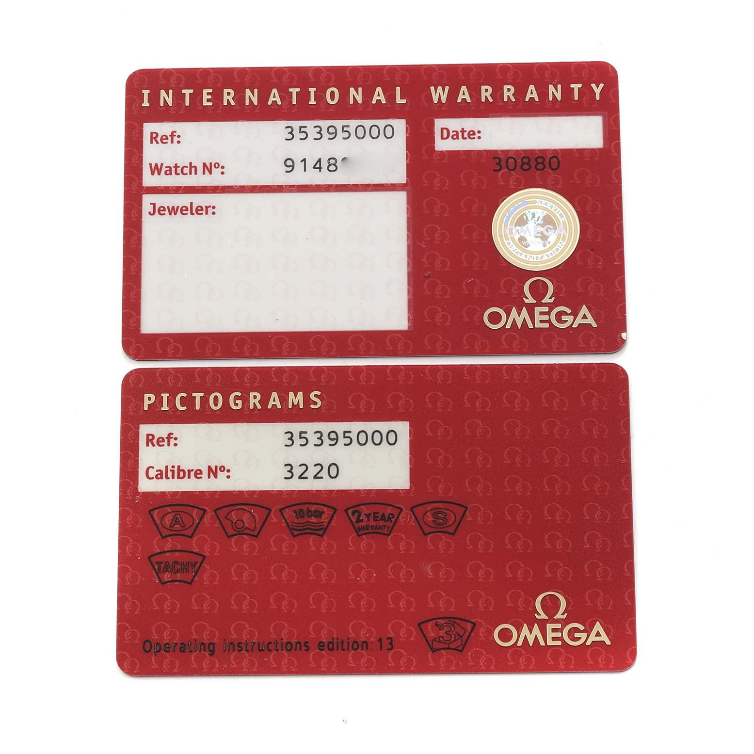 The image shows two Omega Speedmaster 3539.50.00 Men
s Stainless Steel Black Dial warranty and pictogram cards, displaying reference, watch number, and caliber details.