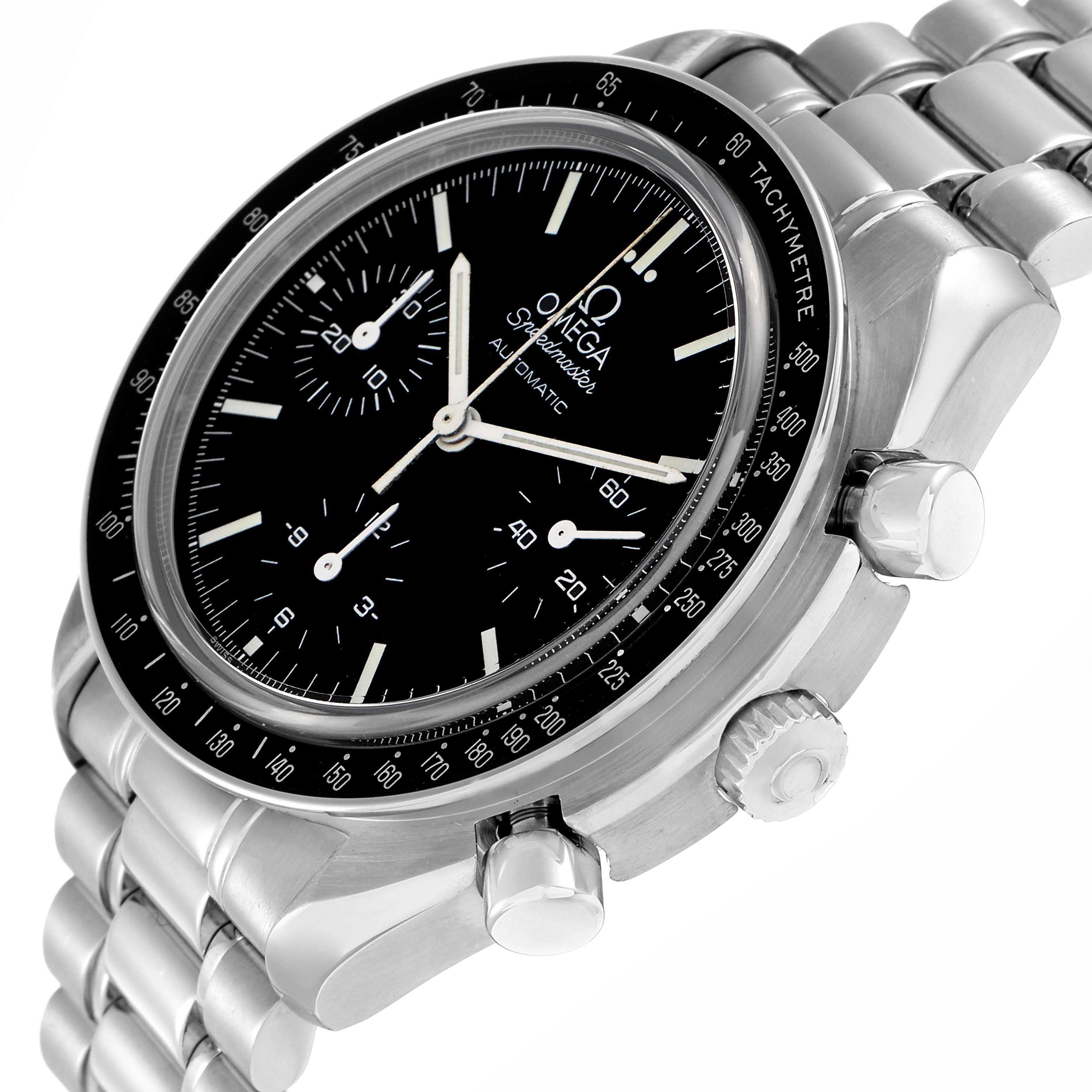 The Omega Speedmaster 3539.50.00 Men
s Stainless Steel Black Dial watch is shown at an angled side view, highlighting the bezel, dial, pushers, crown, and bracelet.