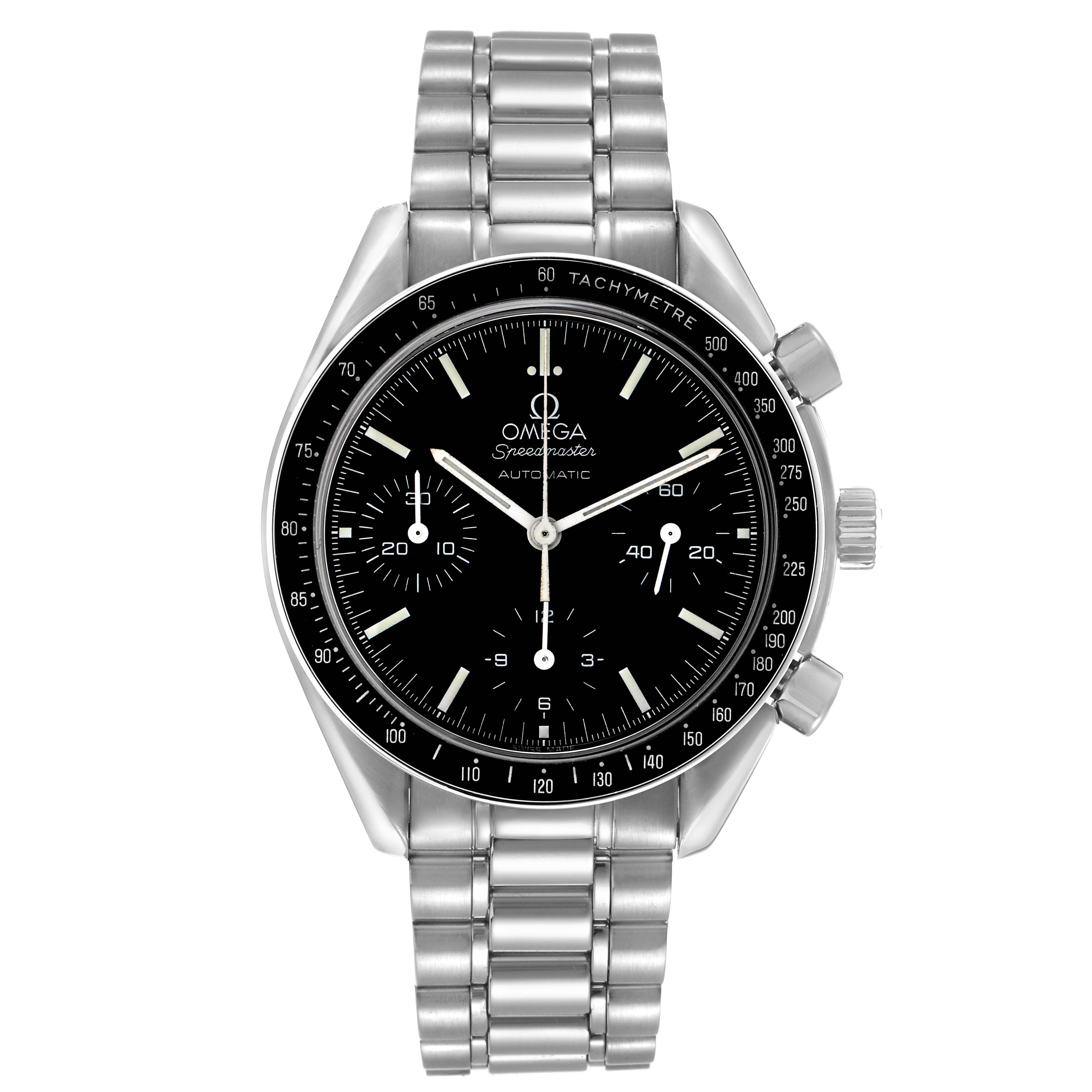 The Omega Speedmaster 3539.50.00 Men
s Stainless Steel Black Dial watch is shown from a front angle, displaying its black dial, tachymeter bezel, chronograph subdials, and metal bracelet.