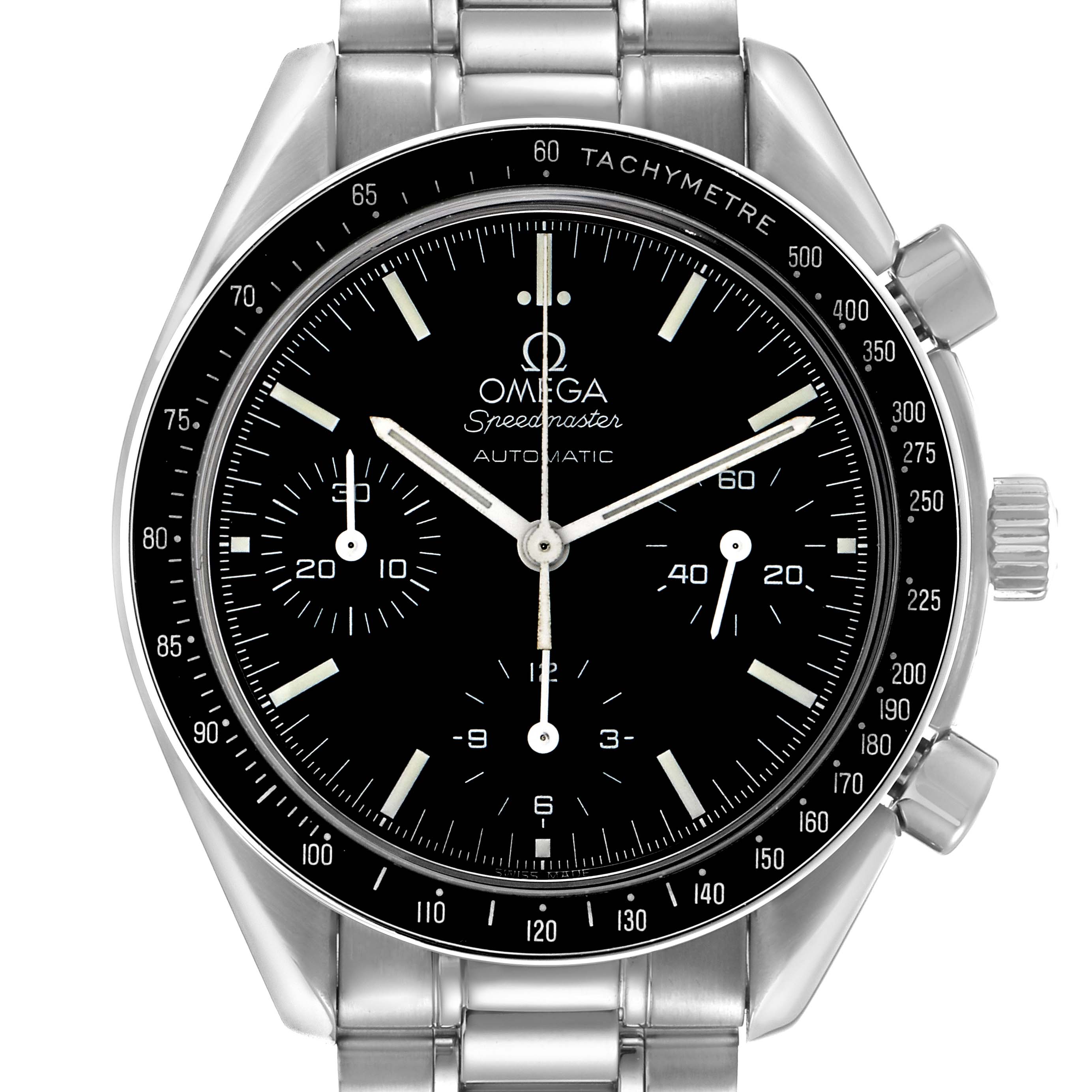 The image shows a frontal view of the Omega Speedmaster 3539.50.00 Men
s Stainless Steel Black Dial, highlighting the dial, bezel, pushers, and bracelet.
