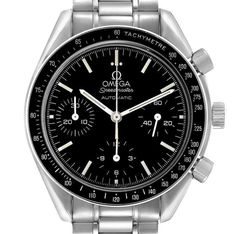The Omega Speedmaster model 3539.50.00 is shown from a front angle, displaying the black dial, tachymeter bezel, subdials, and metal bracelet.