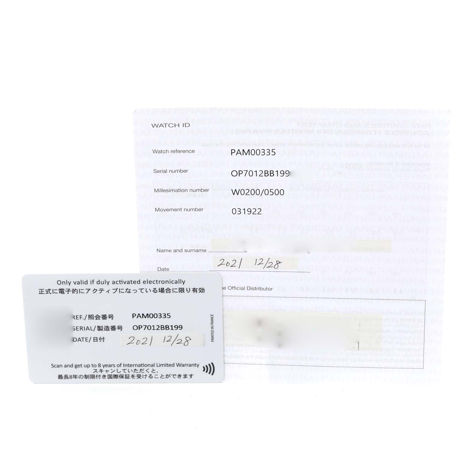 The image shows the warranty cards and watch information documents for a Panerai Luminor PAM00335 Men's Ceramic Black Dial PAM00335 Men's Ceramic Black Dial model PAM00335.