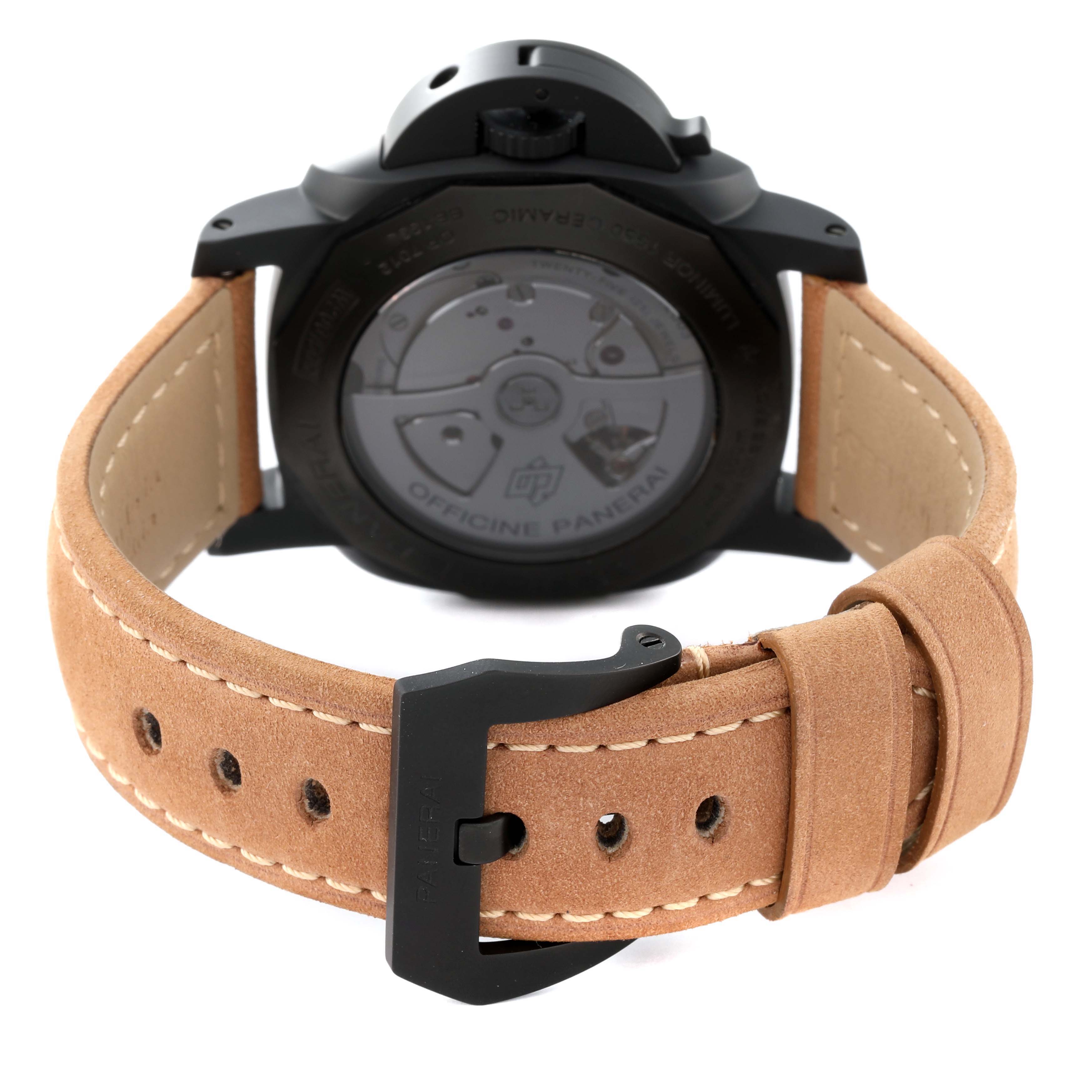 This image shows the back view of a Panerai Luminor PAM00335 Men's Ceramic Black Dial PAM00335 Men's Ceramic Black Dial watch, highlighting the case back and leather strap.