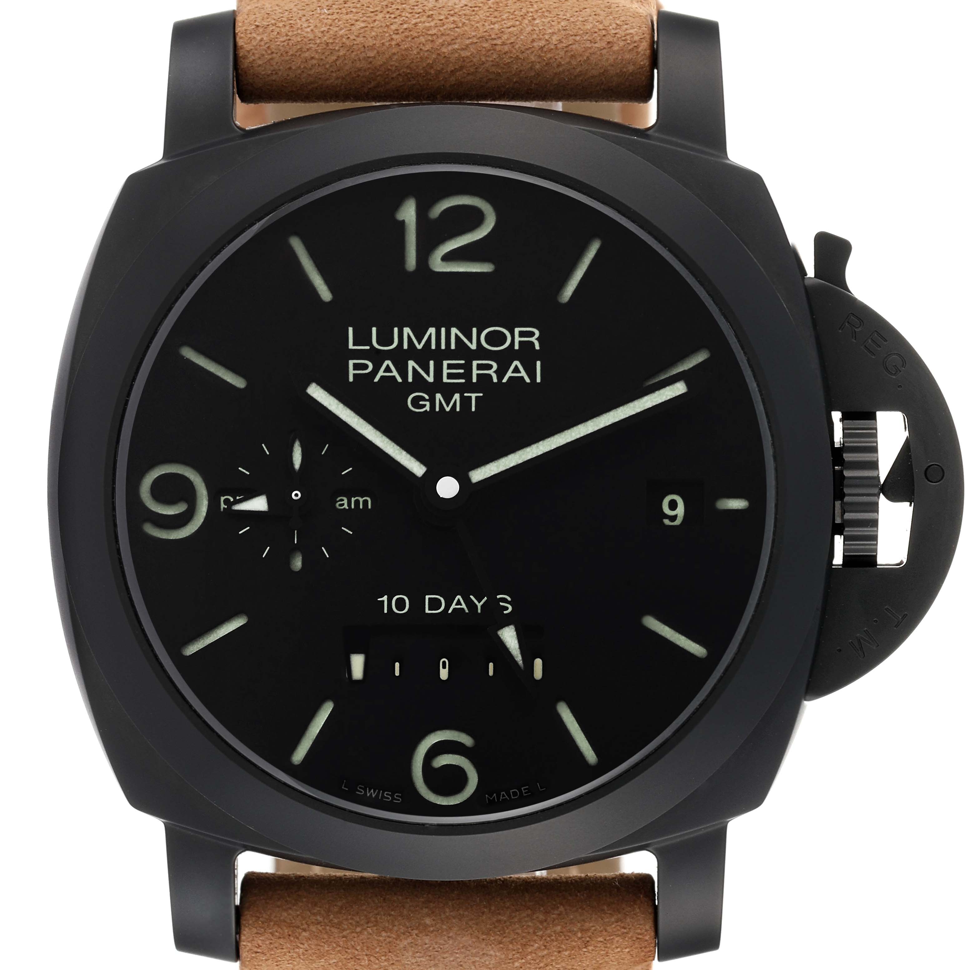 The image shows a front view of the Panerai Luminor PAM00335 Men's Ceramic Black Dial PAM00335 Men's Ceramic Black Dial GMT watch, displaying its dial, numerals, hands, and crown protector.