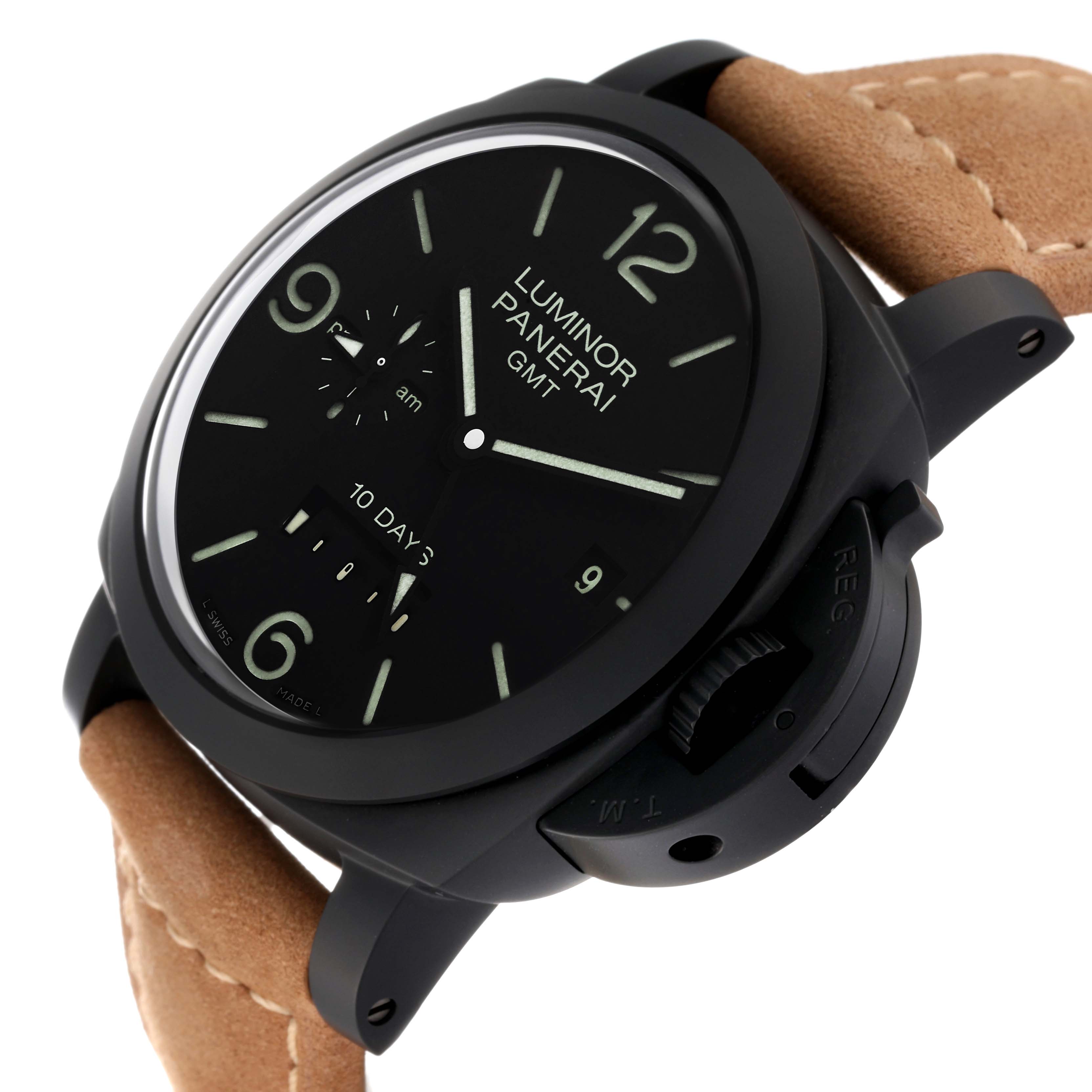 The image shows a close-up, three-quarter angle of the Panerai Luminor PAM00335 Men's Ceramic Black Dial PAM00335 Men's Ceramic Black Dial model watch, highlighting its black dial and tan strap.