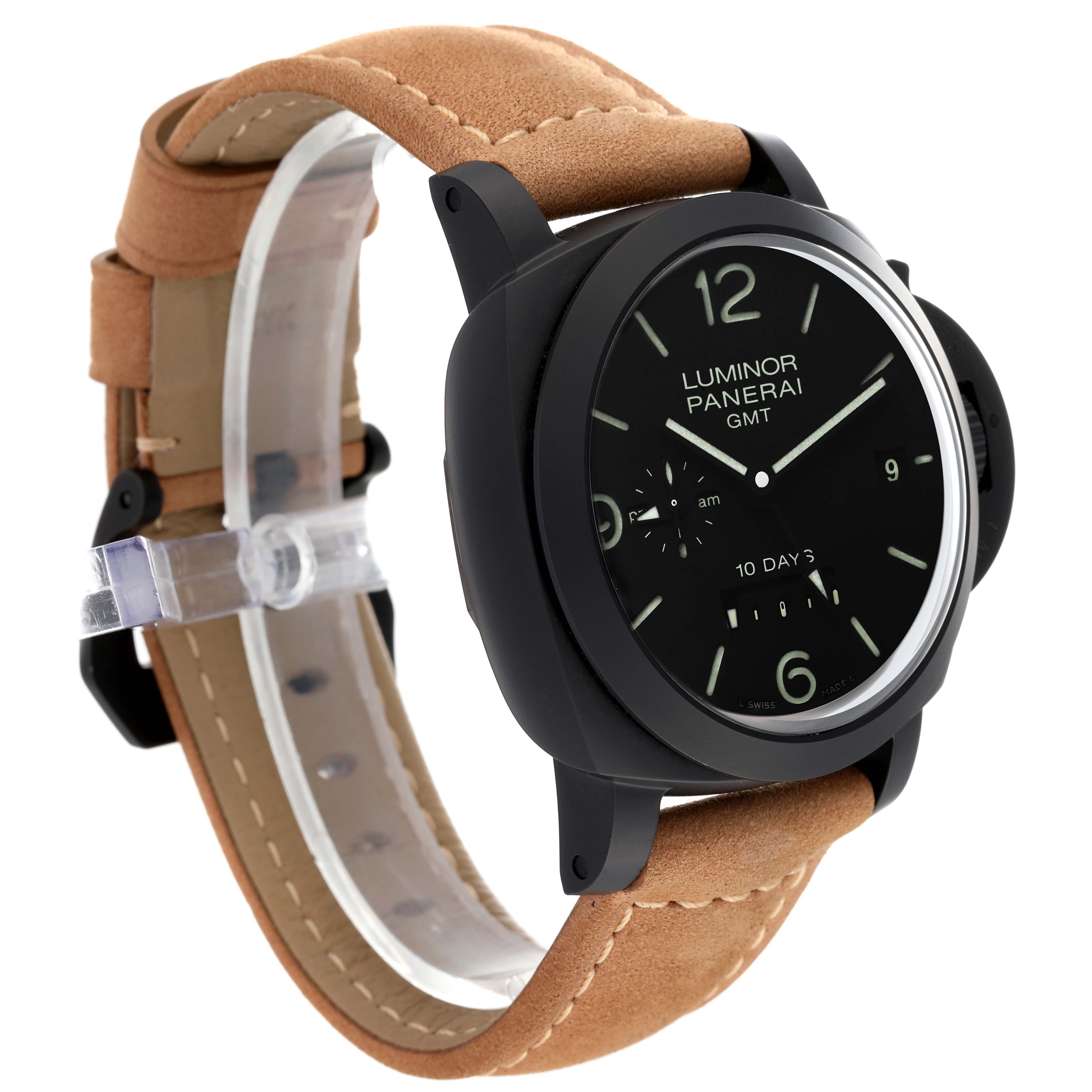 The image shows a side-angle view of a Panerai Luminor PAM00335 Men's Ceramic Black Dial PAM00335 Men's Ceramic Black Dial watch, highlighting its black dial, case, and tan leather strap.