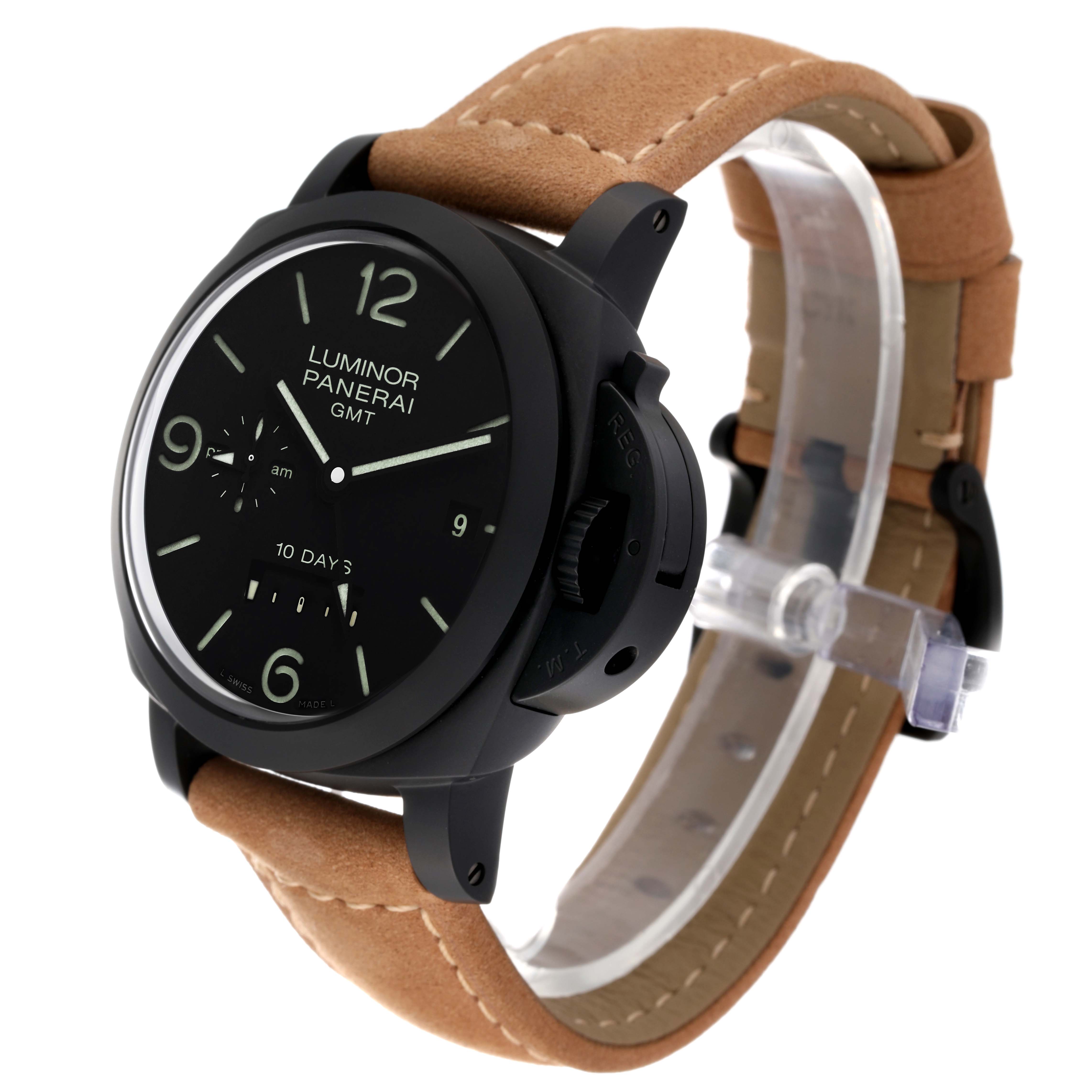 This image shows a Panerai Luminor PAM00335 Men's Ceramic Black Dial PAM00335 Men's Ceramic Black Dial watch at an angled view, featuring its black dial, bezel, and tan leather strap.