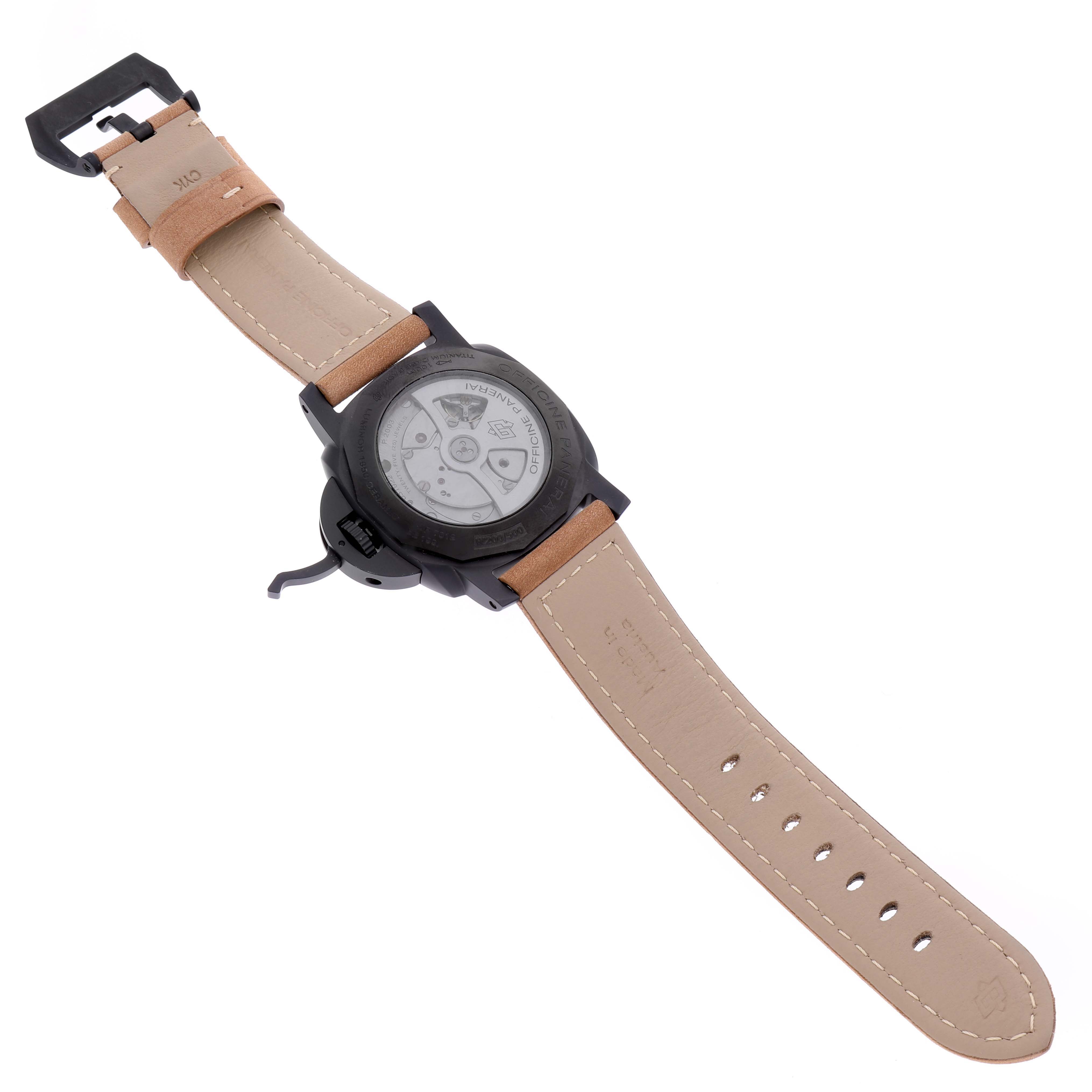 This is a rear view of a Panerai Luminor PAM00335 Men's Ceramic Black Dial PAM00335 Men's Ceramic Black Dial watch showing its leather strap and the transparent case back.