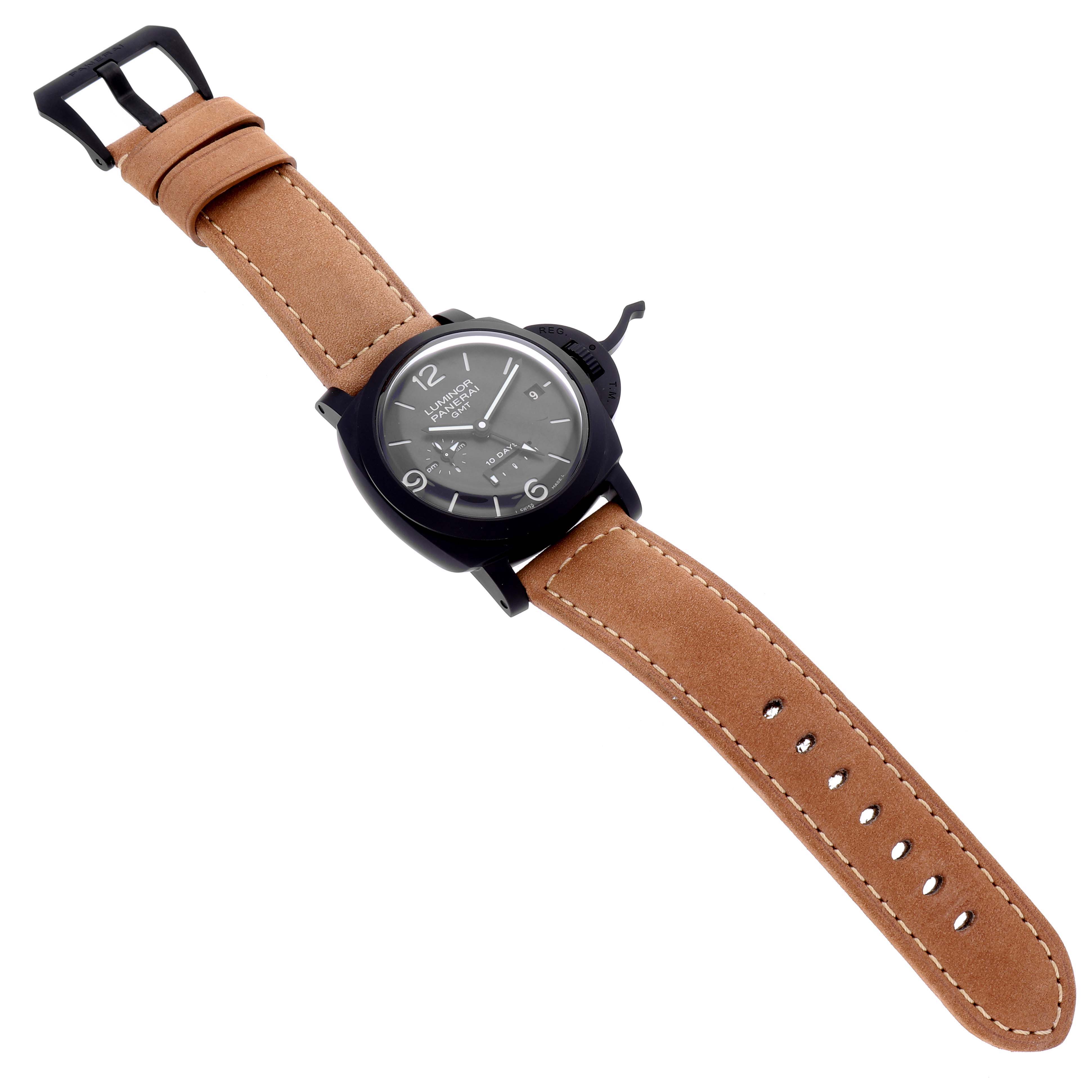 The image shows a top-down view of the Panerai Luminor PAM00335 Men's Ceramic Black Dial PAM00335 Men's Ceramic Black Dial watch, featuring its case, dial, crown guard, and leather strap.