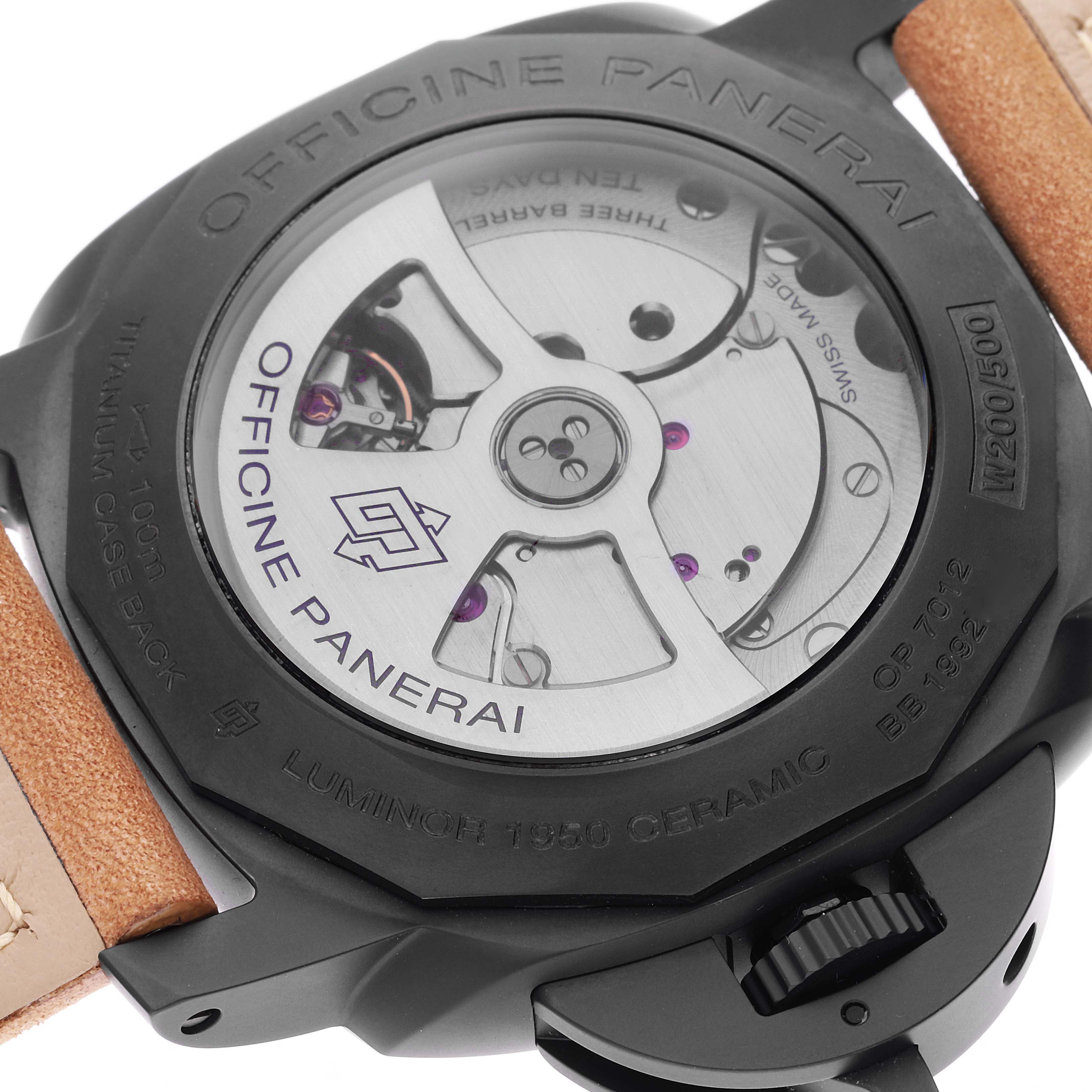 This image shows the back case of a Panerai Luminor PAM00335 Men's Ceramic Black Dial PAM00335 Men's Ceramic Black Dial watch, highlighting the movement and "OFFICINE PANERAI" engraving.