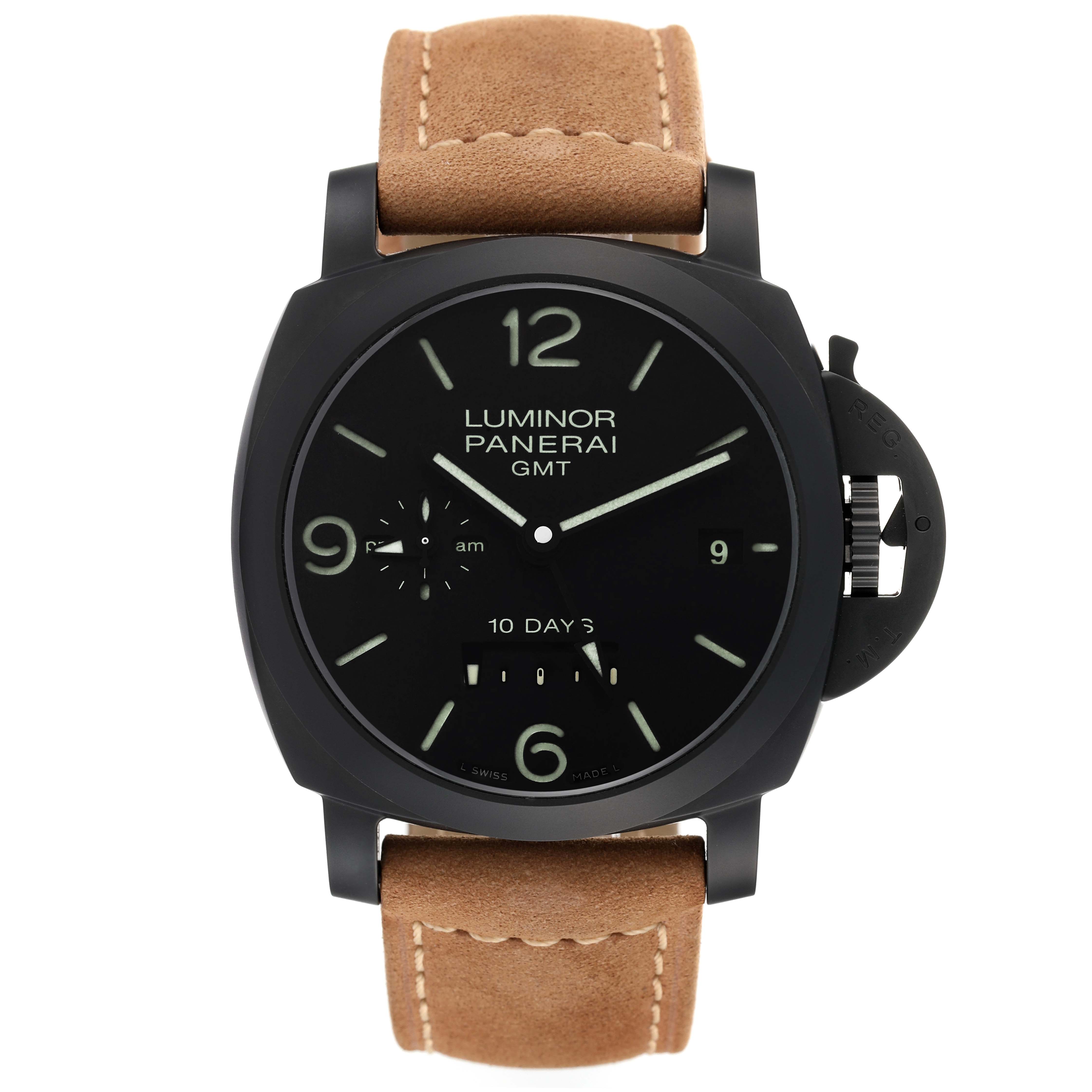 This image shows a front view of a Panerai Luminor PAM00335 Men's Ceramic Black Dial PAM00335 Men's Ceramic Black Dial GMT watch with a brown leather strap and black dial.