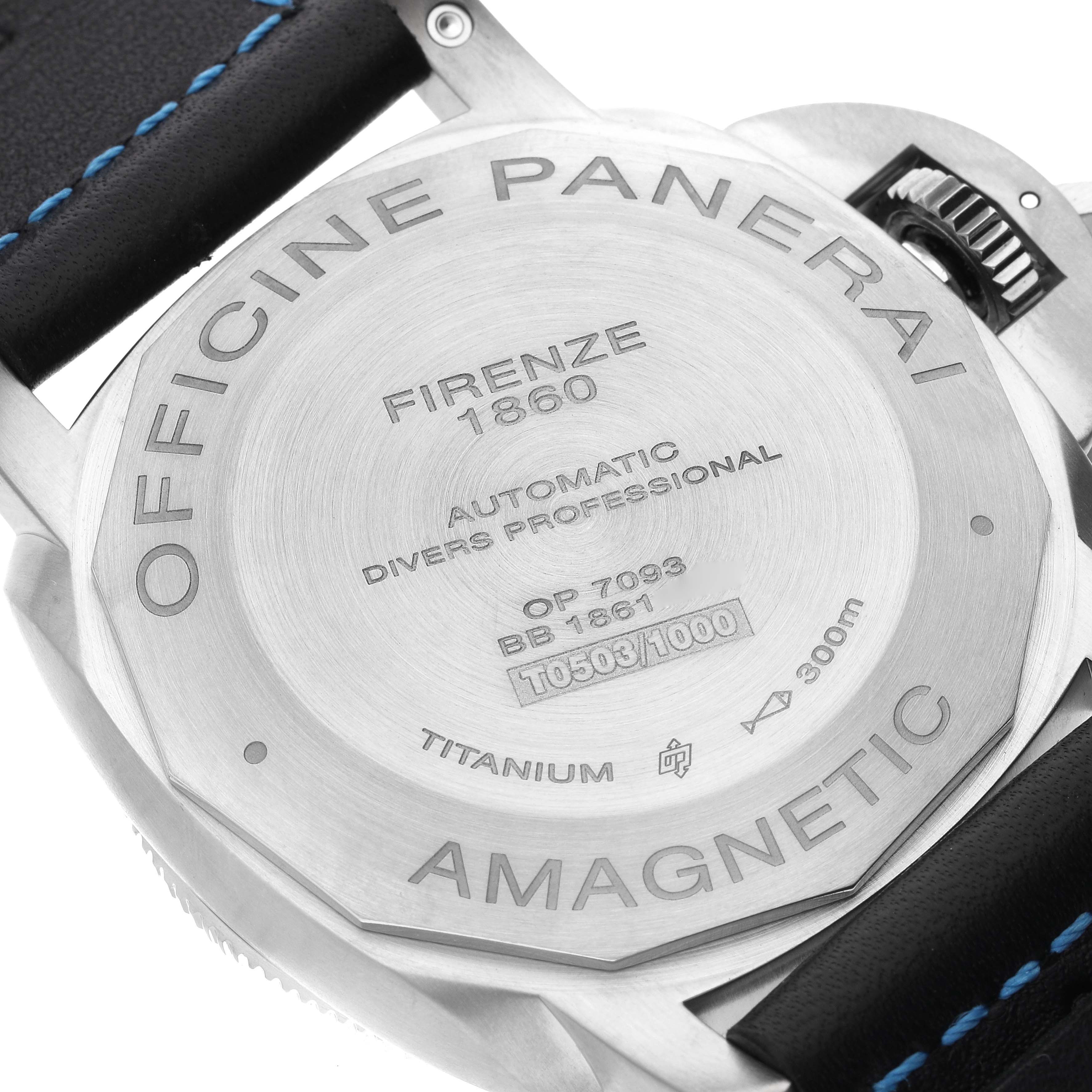 The image shows the back case of a Panerai Submersible PAM01389 Men's Titanium Black Dial PAM01389 Men's Titanium Black Dial watch with detailed engravings.