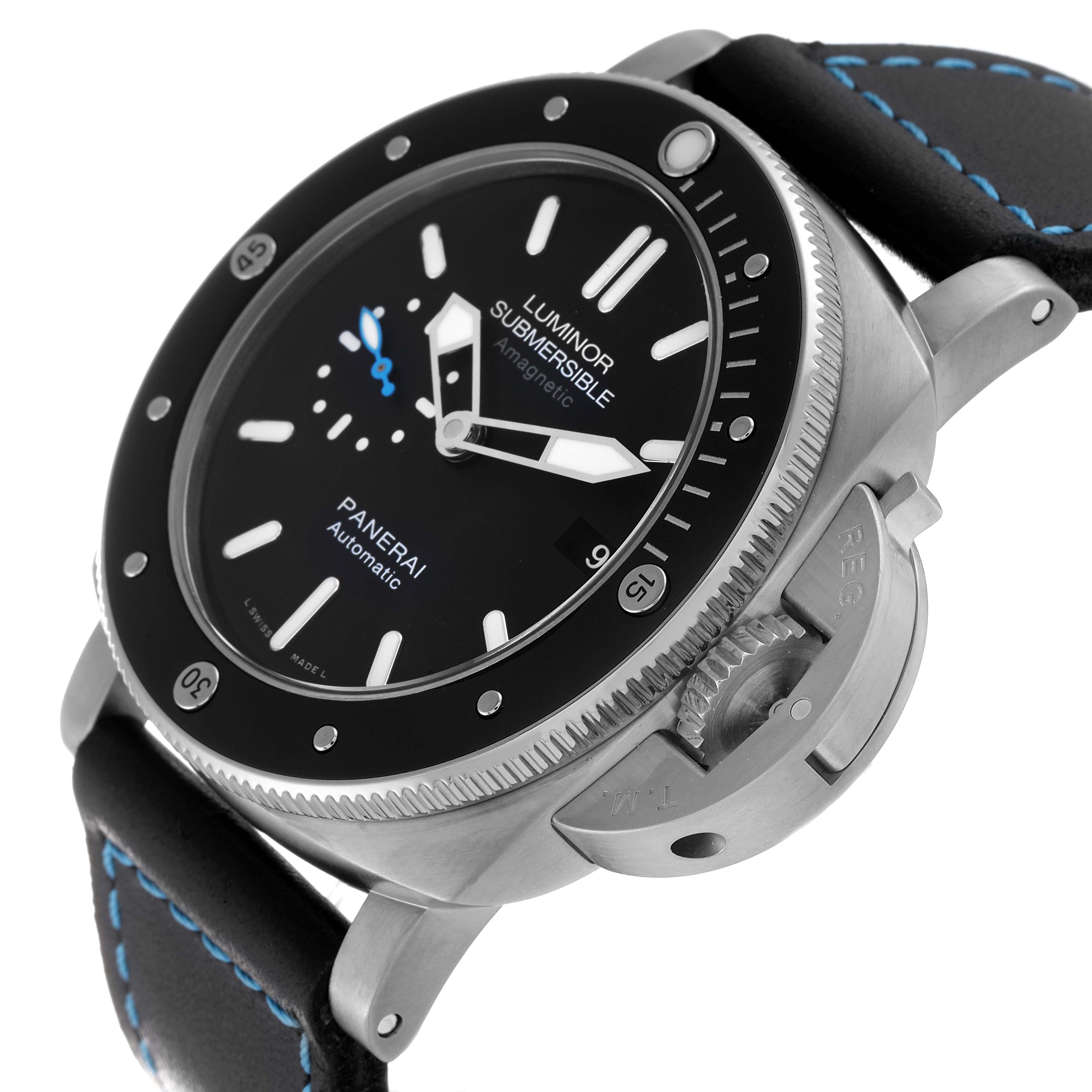 The image shows a side angle of the Panerai Luminor Submersible watch, highlighting the dial, crown guard, and strap.