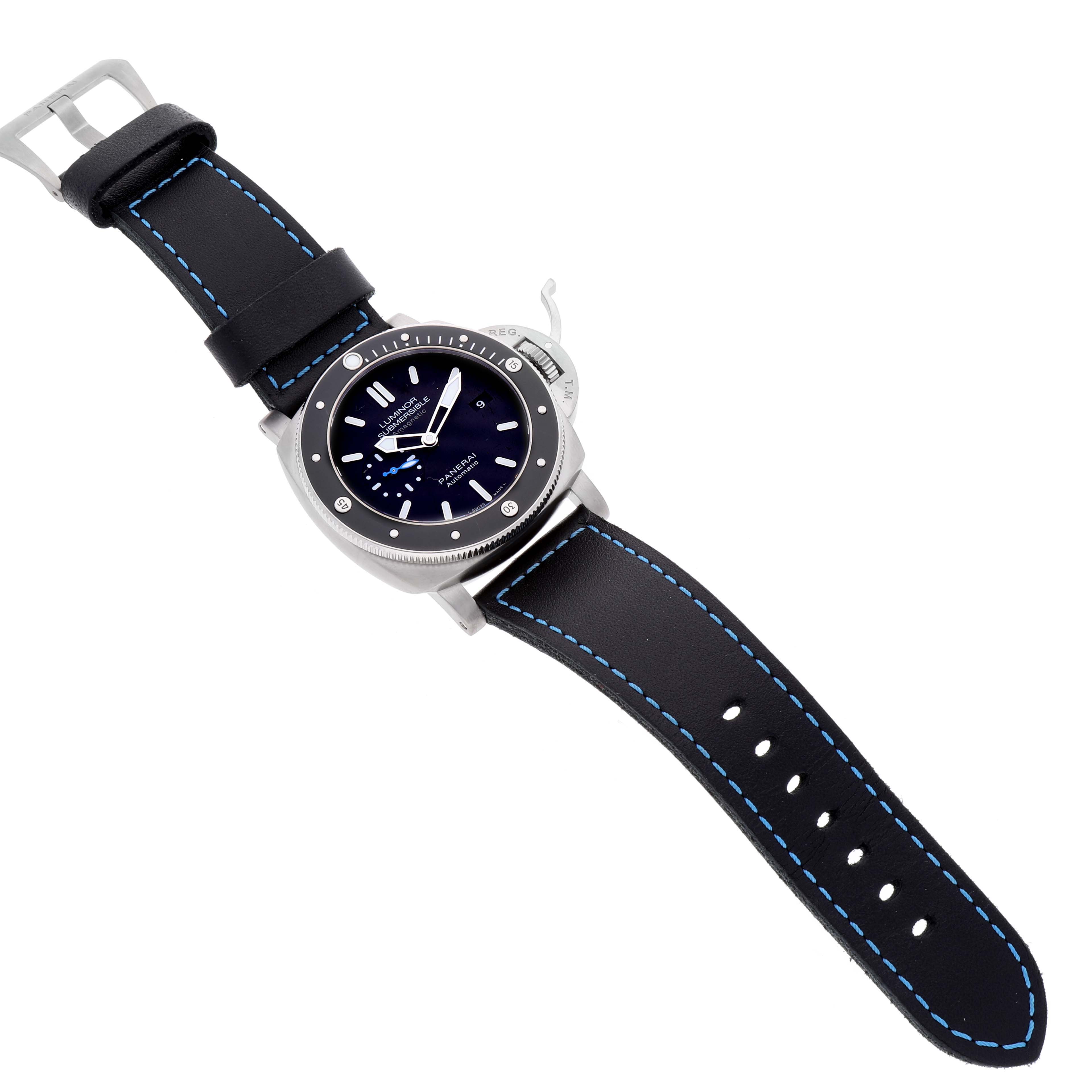 The image shows a Panerai Submersible PAM01389 Men's Titanium Black Dial PAM01389 Men's Titanium Black Dial watch at a slight diagonal angle, highlighting its face, bezel, and black strap with blue stitching.