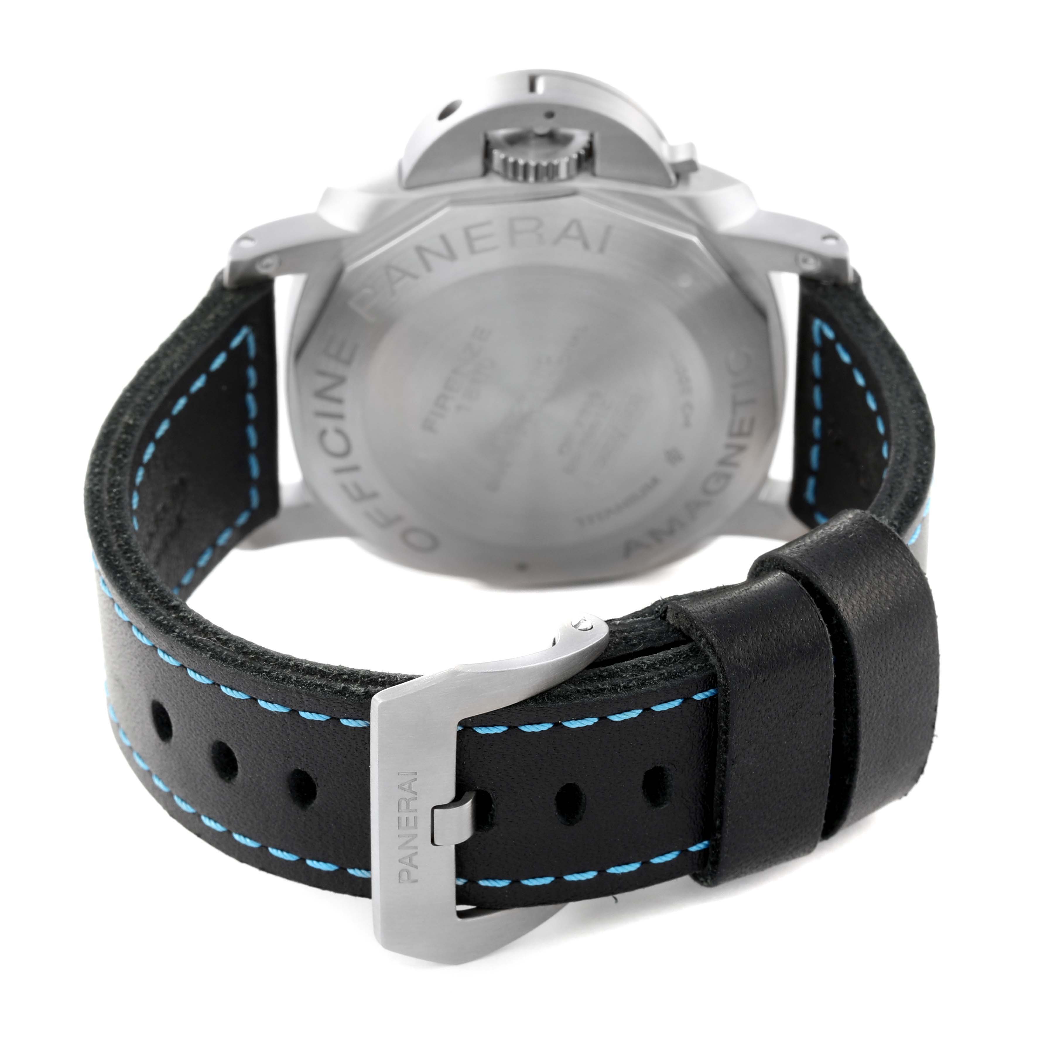 The image shows the back case and strap with buckle of the Panerai Submersible PAM01389 Men's Titanium Black Dial PAM01389 Men's Titanium Black Dial watch.