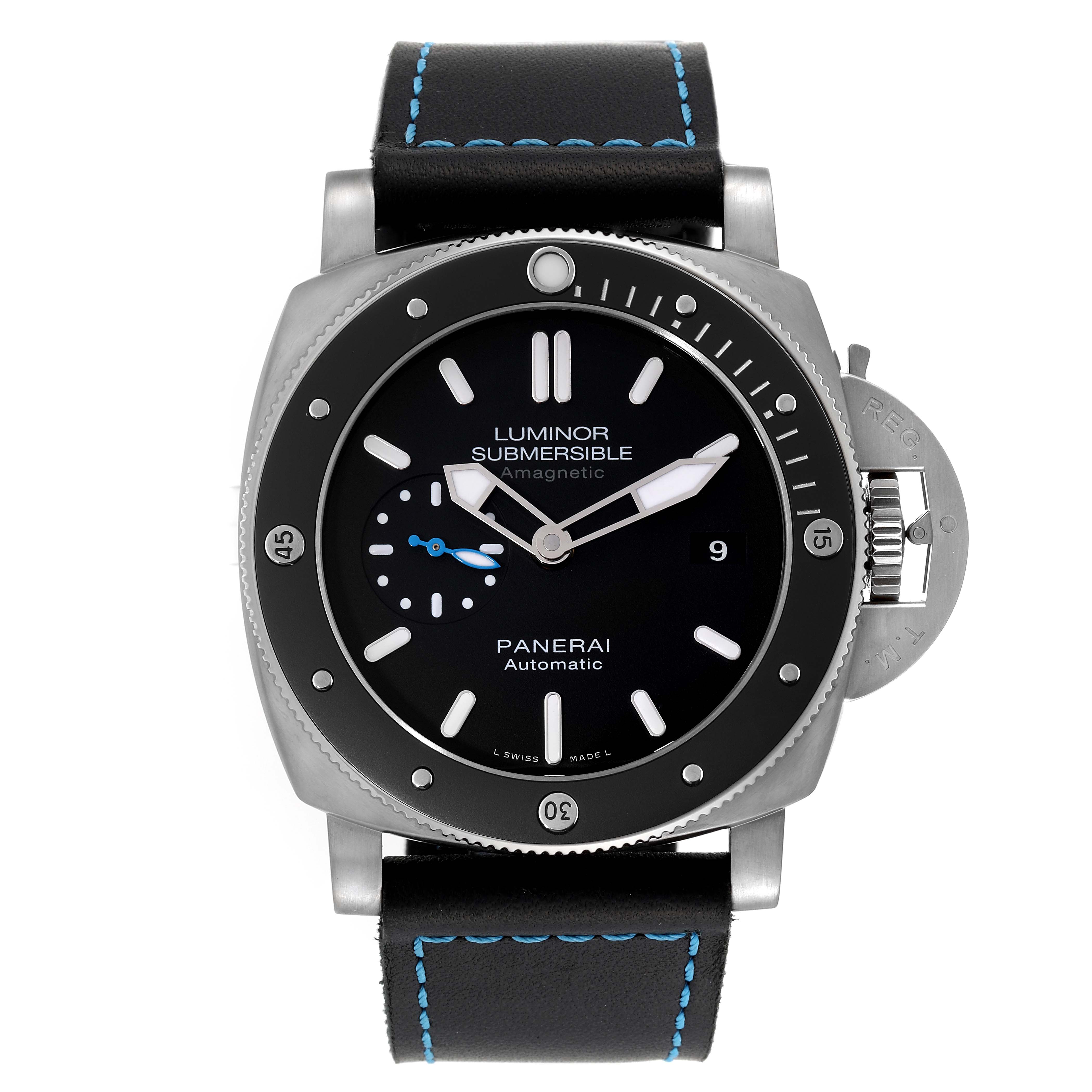 The image shows a front view of a Panerai Submersible PAM01389 Men's Titanium Black Dial PAM01389 Men's Titanium Black Dial watch, including its bezel, dial, hands, and strap.