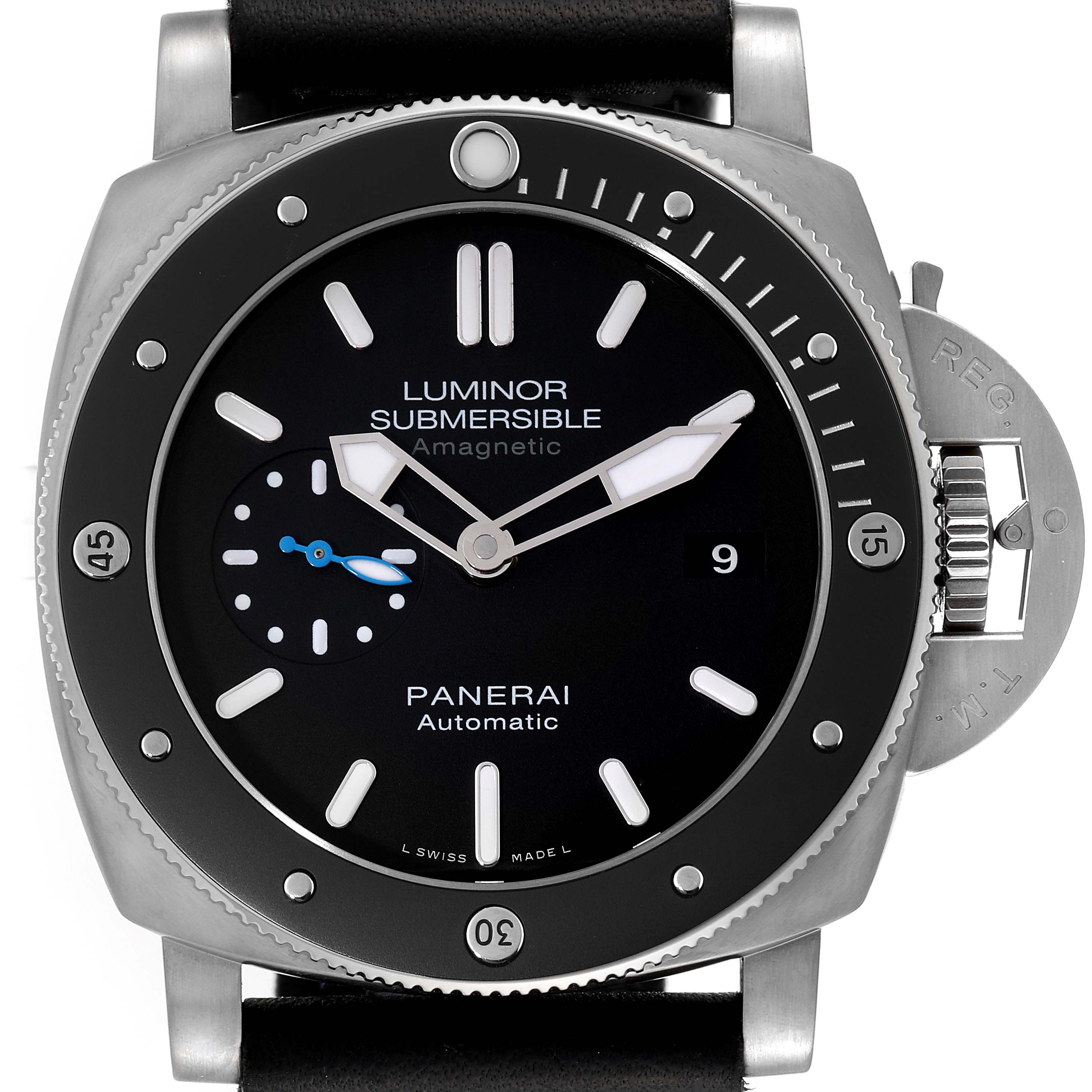 This image shows a front view of the Panerai Submersible PAM01389 Men's Titanium Black Dial PAM01389 Men's Titanium Black Dial Luminor, highlighting the dial, bezel, and crown guard.