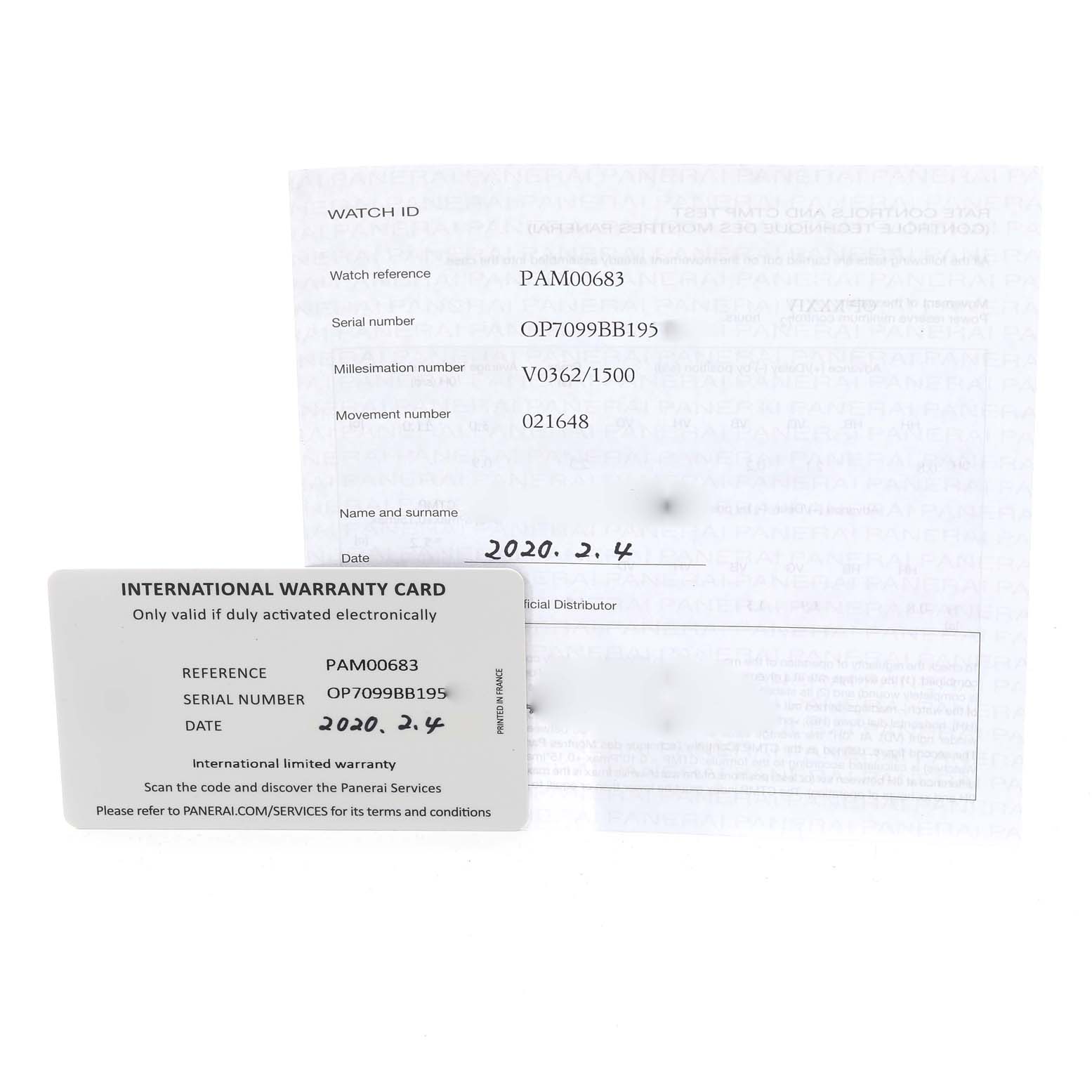 The image shows the warranty card and Best Quality
ation document for a Panerai Submersible PAM00683 Men
s Stainless Steel Black Dial PAM00683 Men
s Stainless Steel Black Dial model PAM00683 watch.