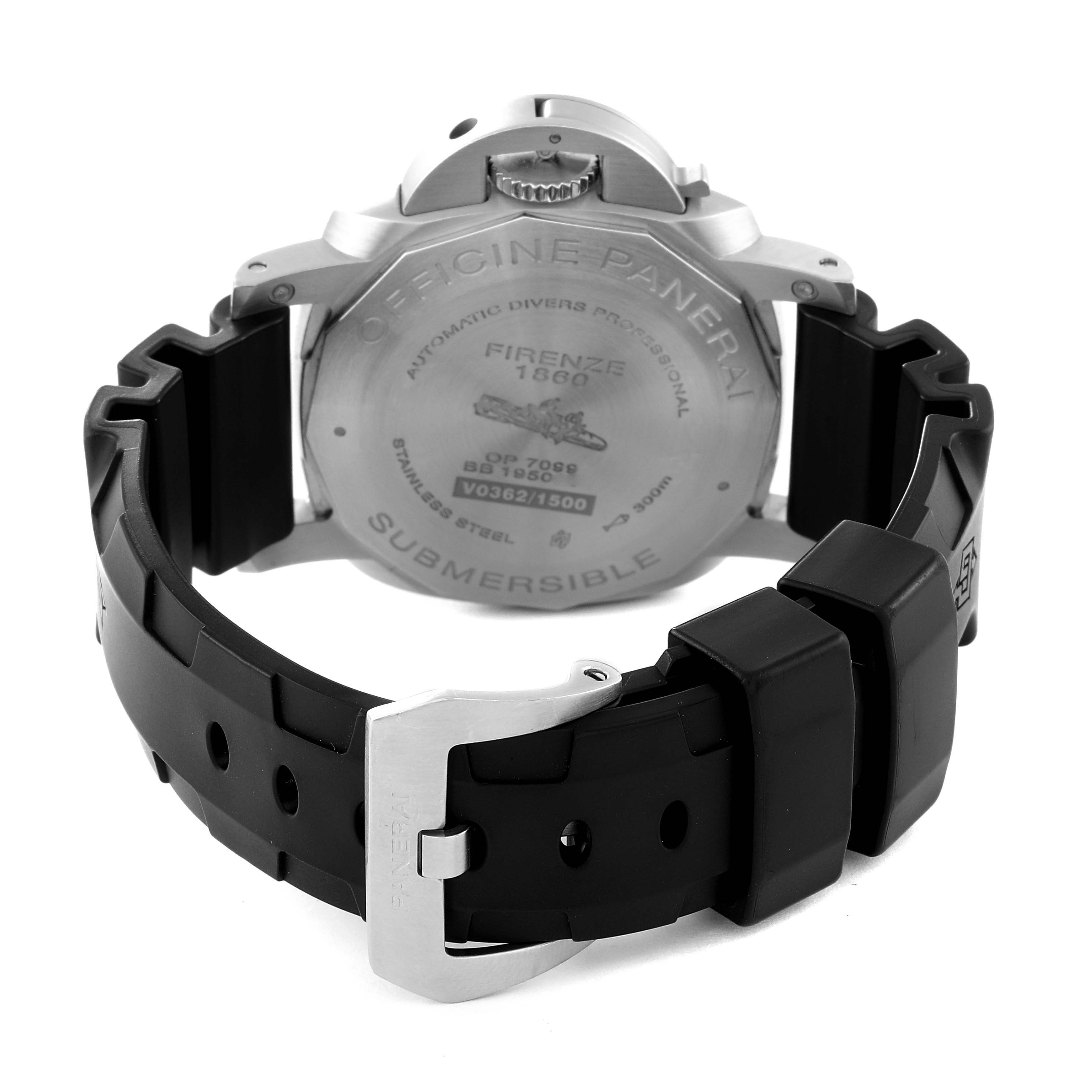 The image shows the back case and strap of a Panerai Submersible PAM00683 Men
s Stainless Steel Black Dial PAM00683 Men
s Stainless Steel Black Dial watch from a rear angle.
