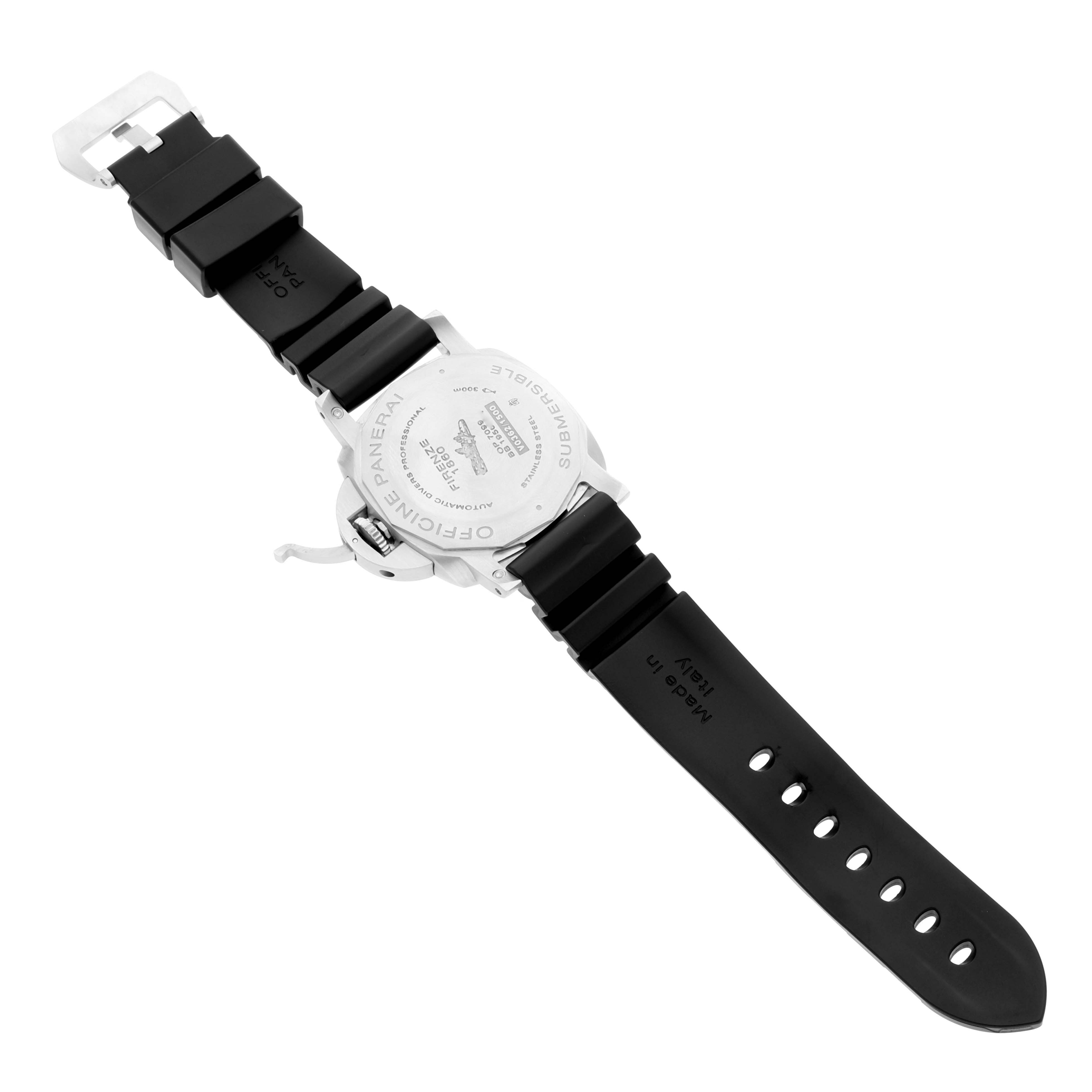 The image shows the back of a Panerai Submersible PAM00683 Men
s Stainless Steel Black Dial PAM00683 Men
s Stainless Steel Black Dial watch, including its rubber strap and clasp, viewed from a top angle.