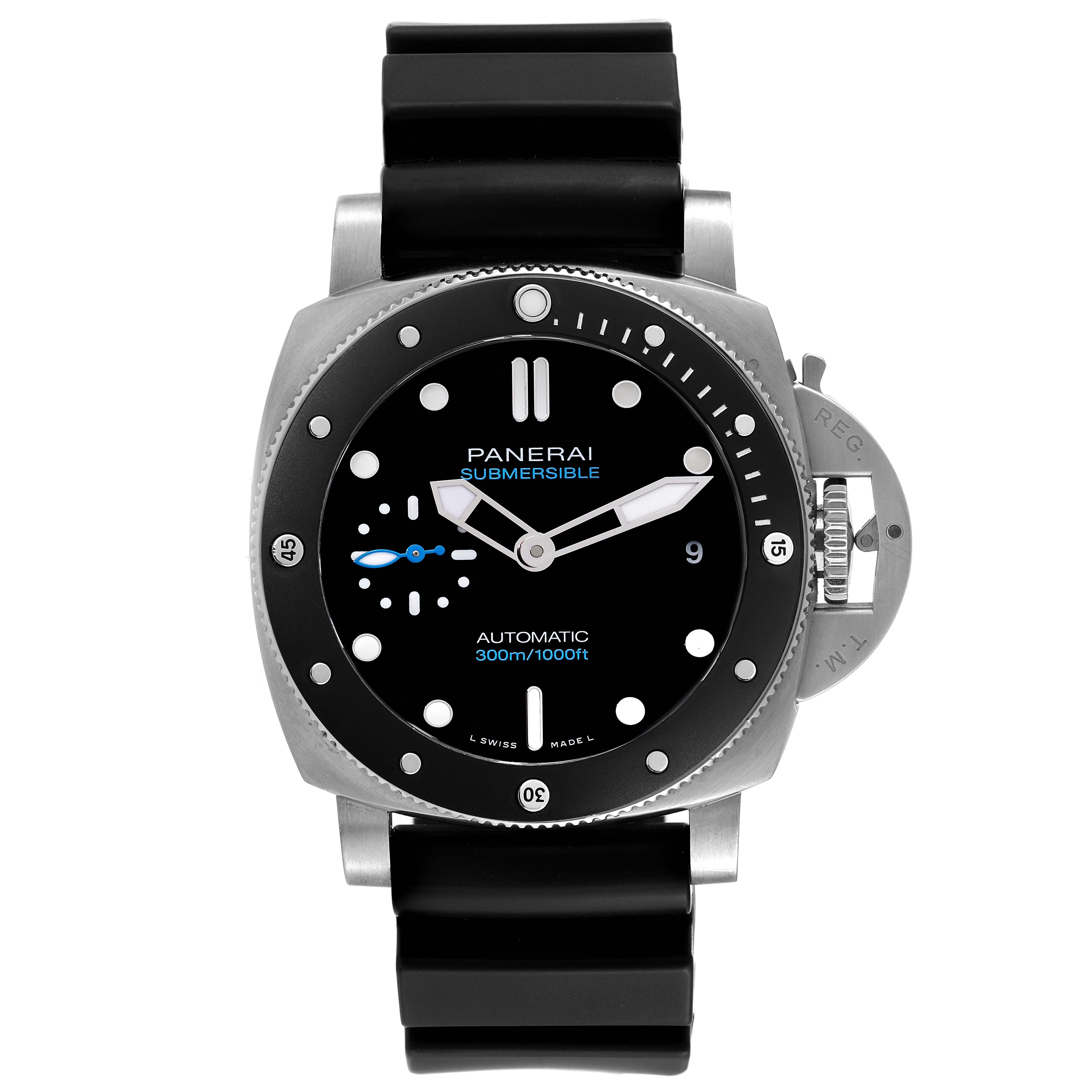 The image shows a front view of the Panerai Submersible PAM00683 Men
s Stainless Steel Black Dial PAM00683 Men
s Stainless Steel Black Dial watch, displaying its dial, bezel, lugs, strap, and crown protector.
