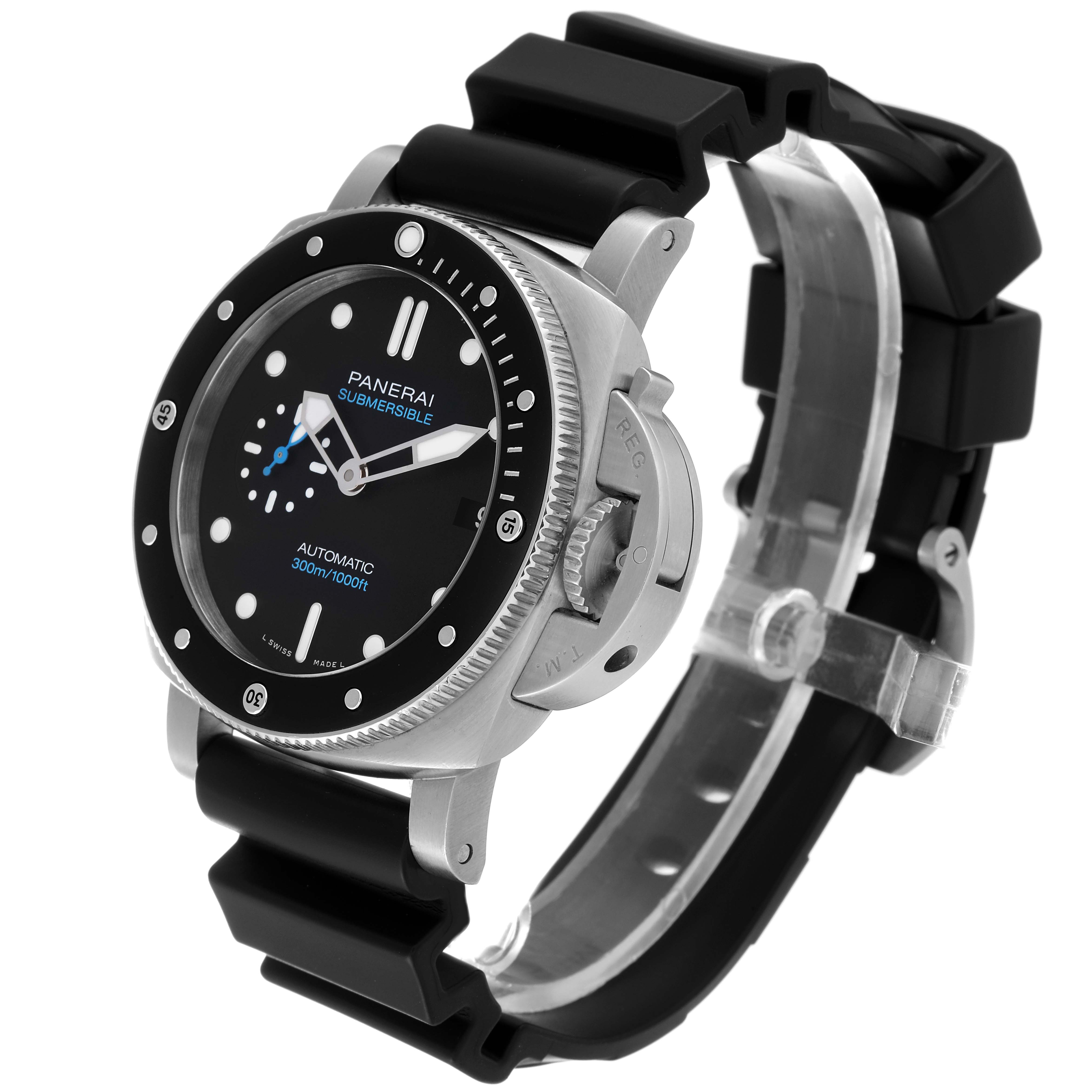 The image shows a Panerai Submersible PAM00683 Men
s Stainless Steel Black Dial PAM00683 Men
s Stainless Steel Black Dial watch from an angled perspective, highlighting its face, bezel, crown guard, and rubber strap.