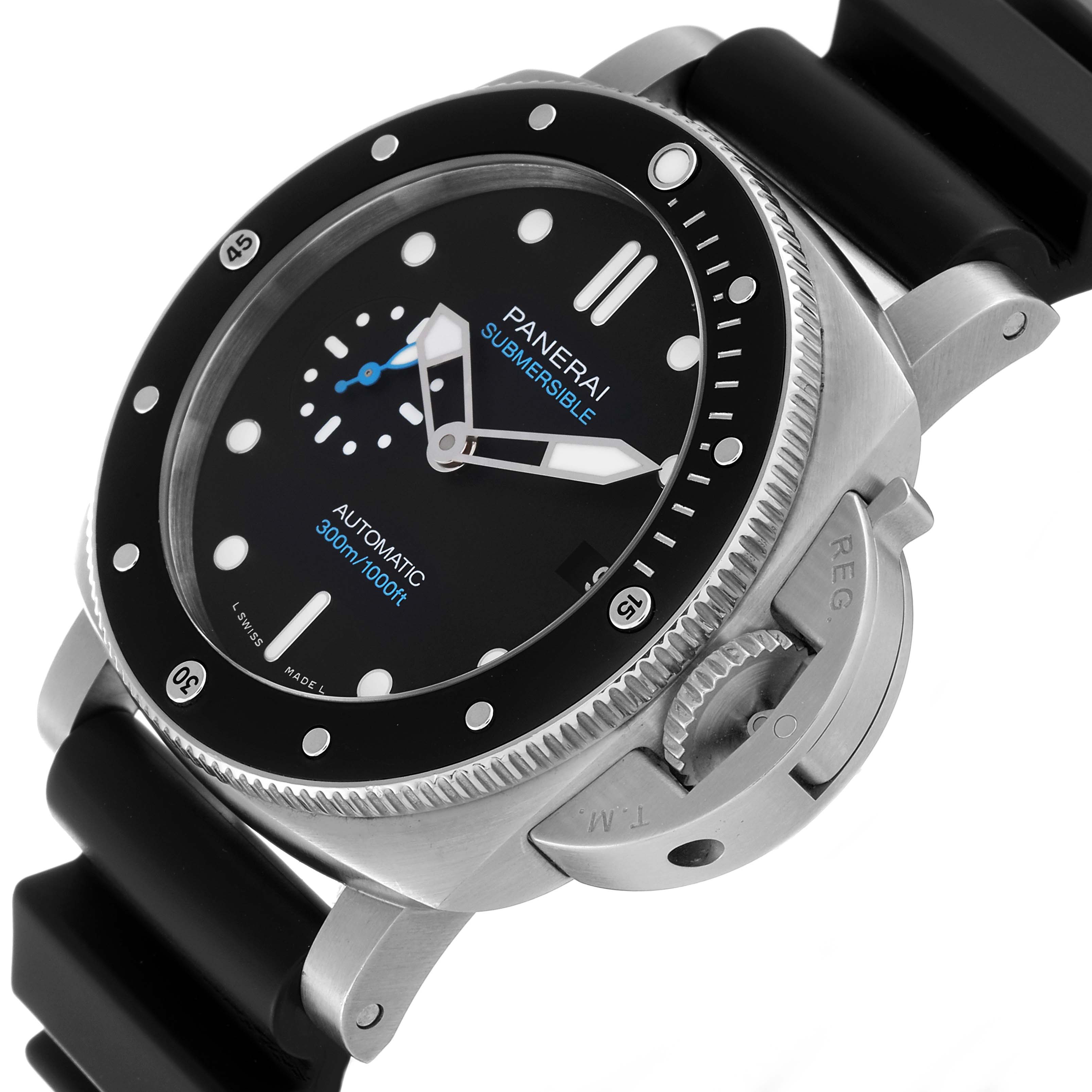 This image shows a side angle of the Panerai Submersible PAM00683 Men
s Stainless Steel Black Dial PAM00683 Men
s Stainless Steel Black Dial watch, highlighting the bezel, dial, crown guard, and strap.
