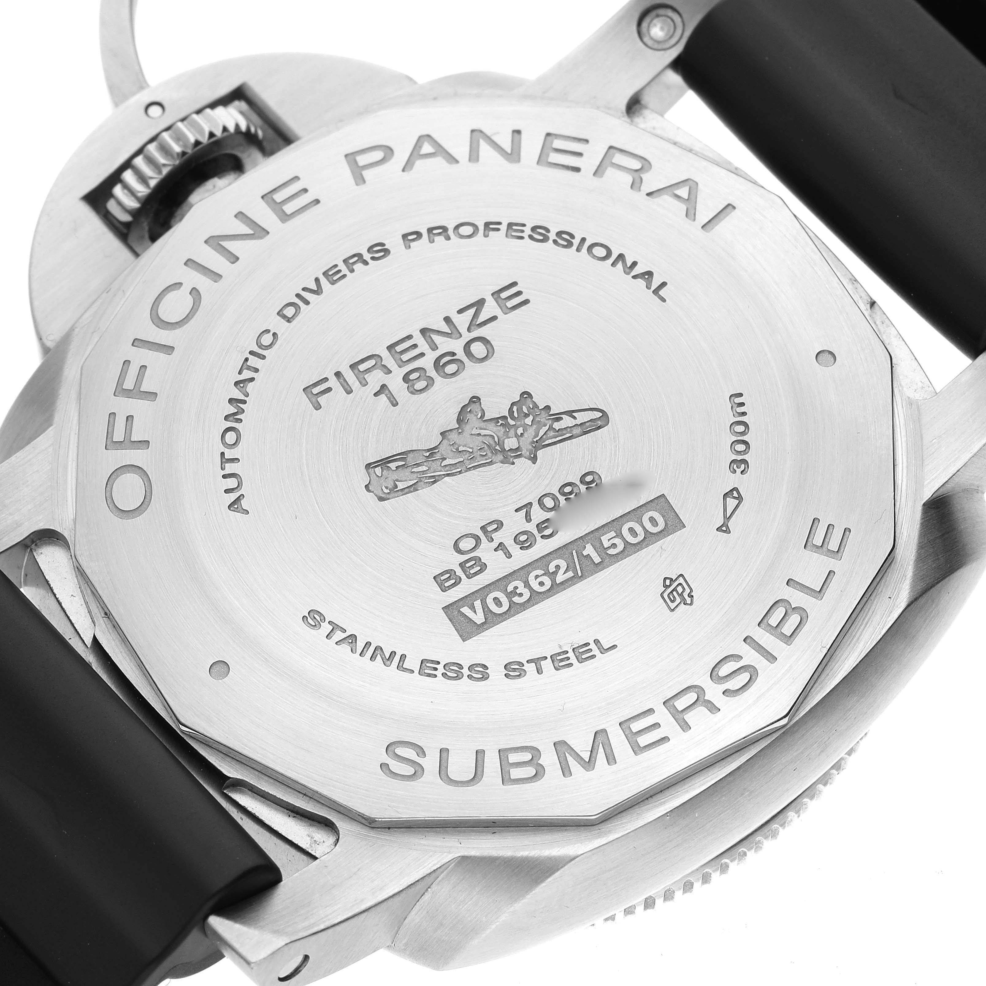 The image shows the back case of a Panerai Submersible PAM00683 Men
s Stainless Steel Black Dial PAM00683 Men
s Stainless Steel Black Dial watch, highlighting its engravings and stainless steel build.