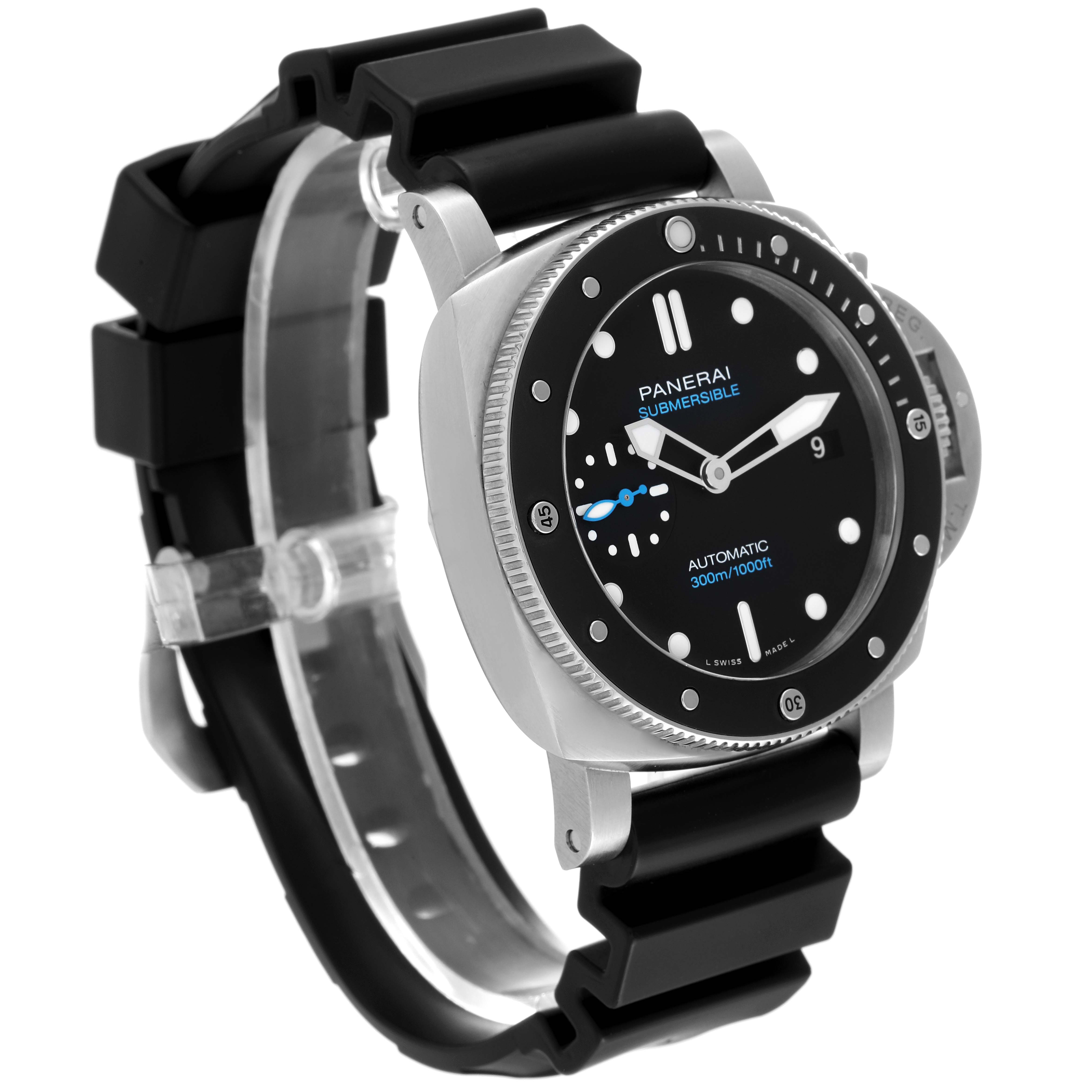 The image shows a front-side angled view of a Panerai Submersible PAM00683 Men
s Stainless Steel Black Dial PAM00683 Men
s Stainless Steel Black Dial watch with a black rubber strap and a black dial.