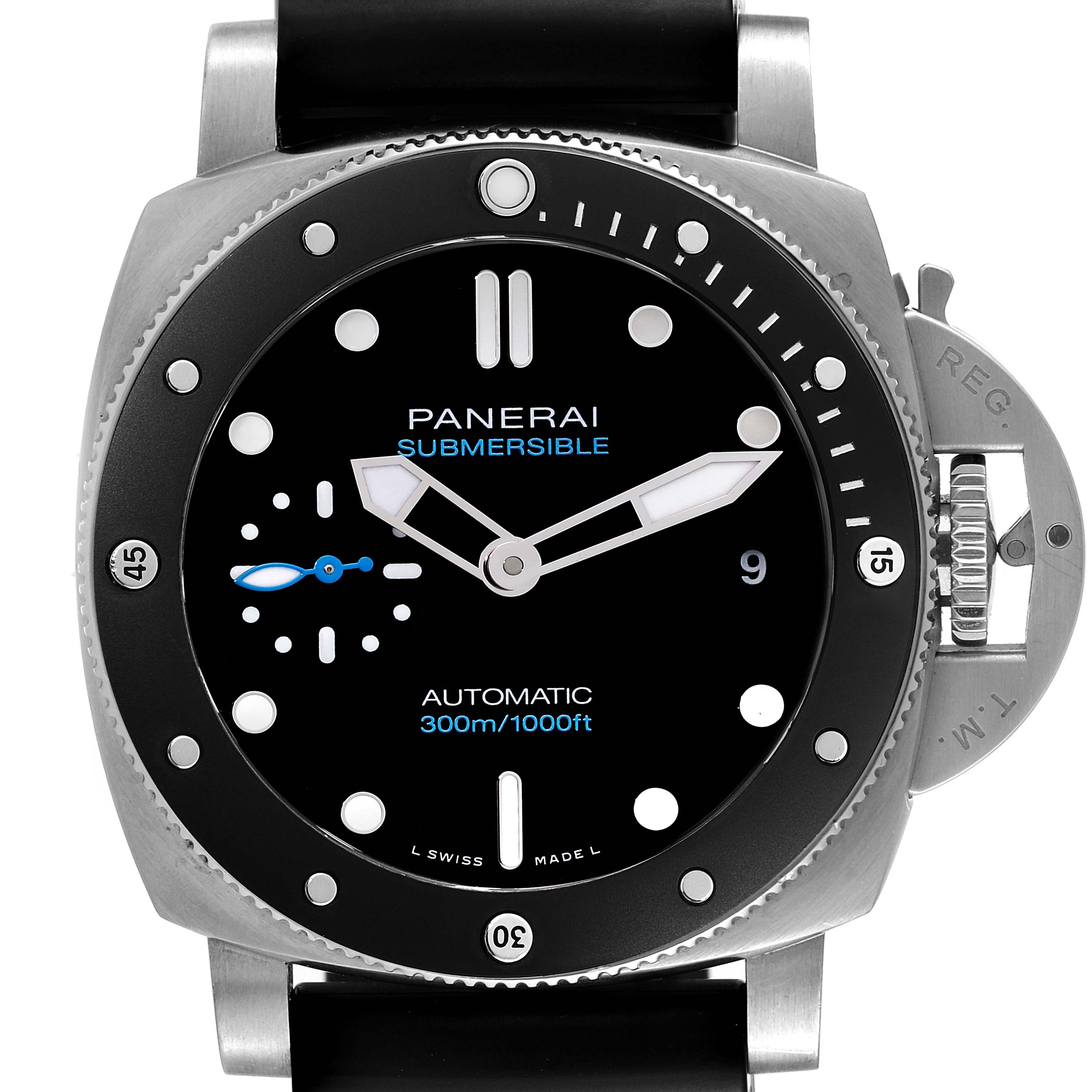 The image shows a front view of a Panerai Submersible PAM00683 Men
s Stainless Steel Black Dial PAM00683 Men
s Stainless Steel Black Dial watch, highlighting the bezel, crown guard, and dial features.