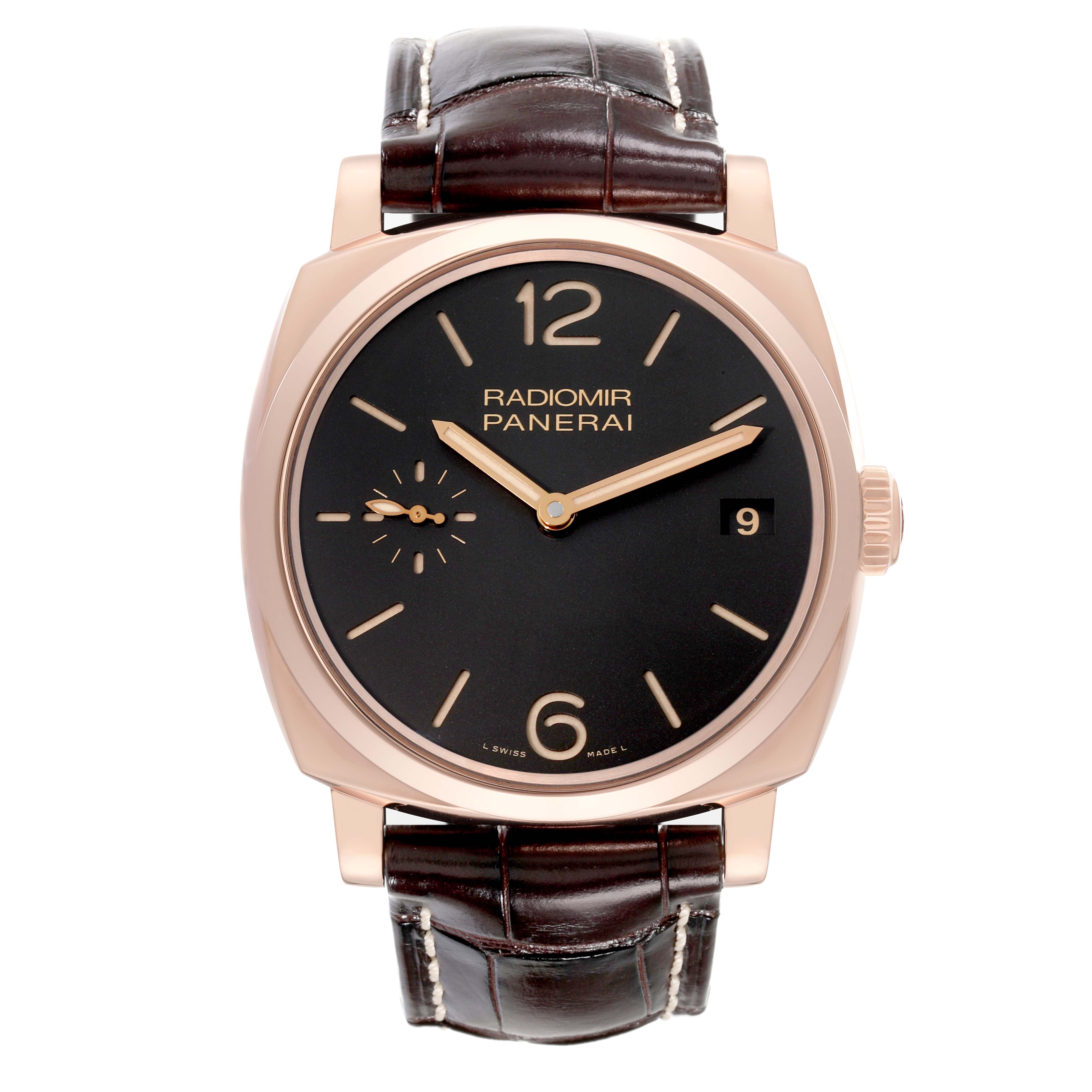 This image shows the Panerai Radiomir PAM00515 Men's Rose Gold Black Dial PAM00515 Men's Rose Gold Black Dial watch from a front angle, displaying its dial, hands, case, crown, and leather strap.