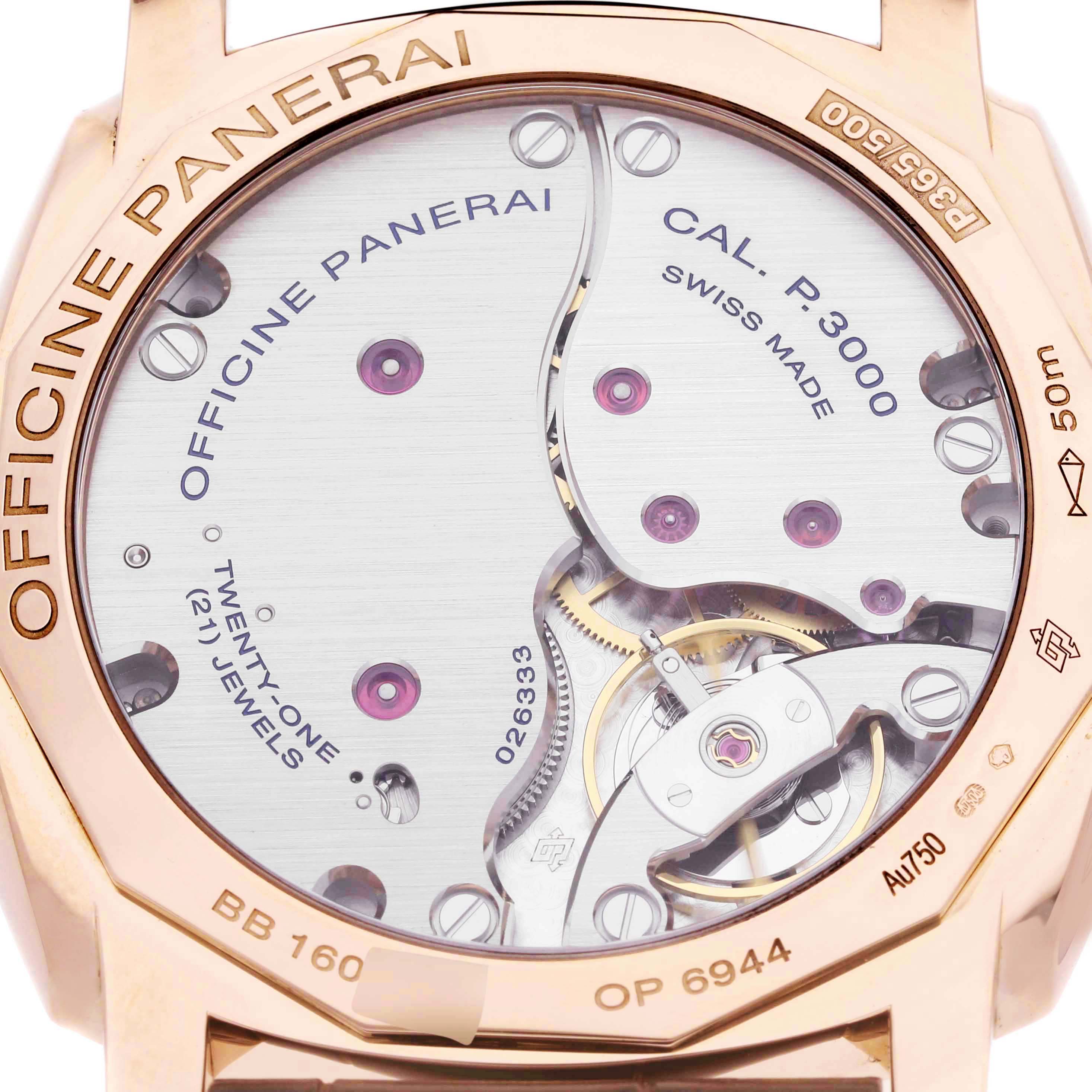 The image shows the back of the Panerai Radiomir PAM00515 Men's Rose Gold Black Dial watch, highlighting its movement and internal components.