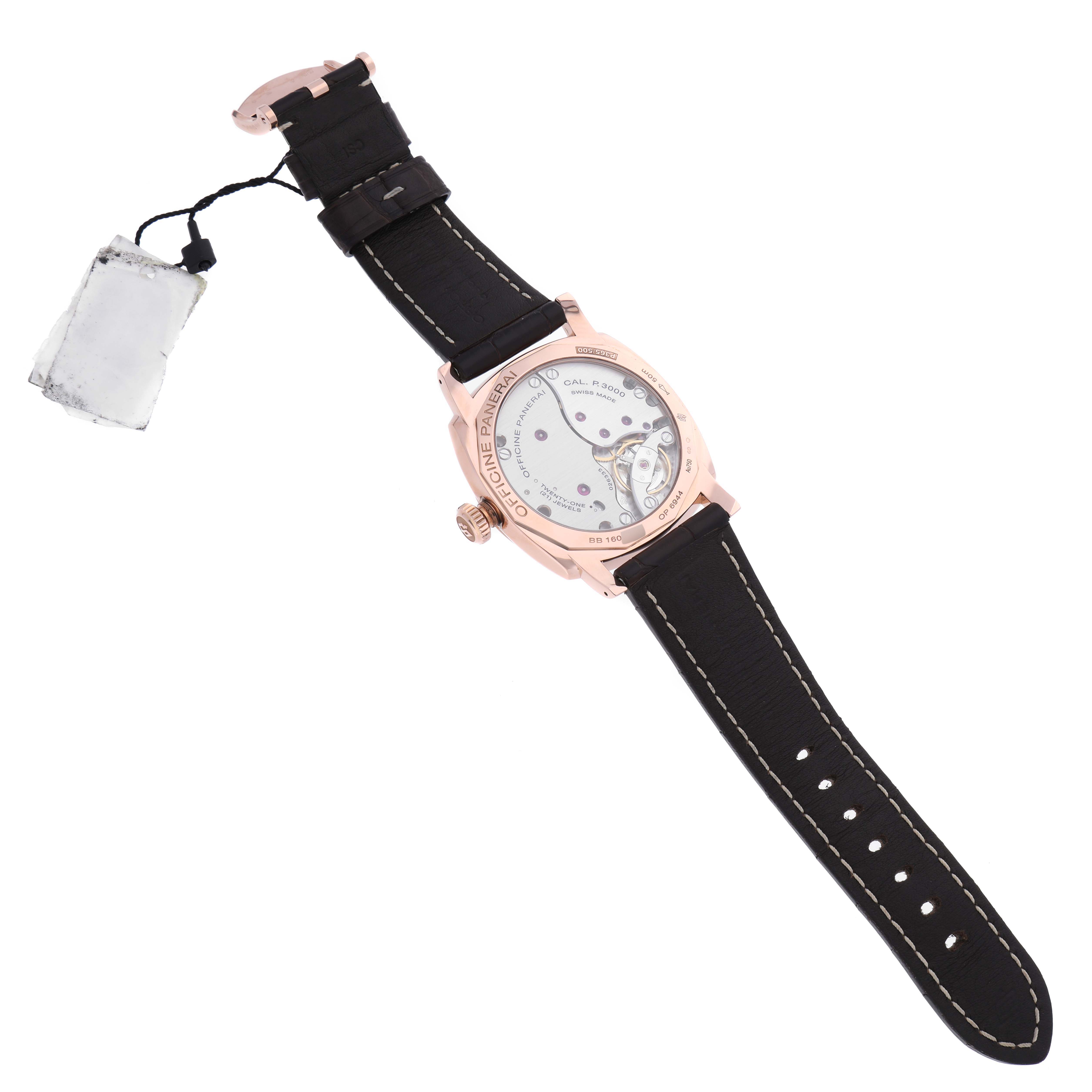 The image shows the back view of a Panerai Radiomir PAM00515 Men's Rose Gold Black Dial PAM00515 Men's Rose Gold Black Dial watch, highlighting the movement and strap.