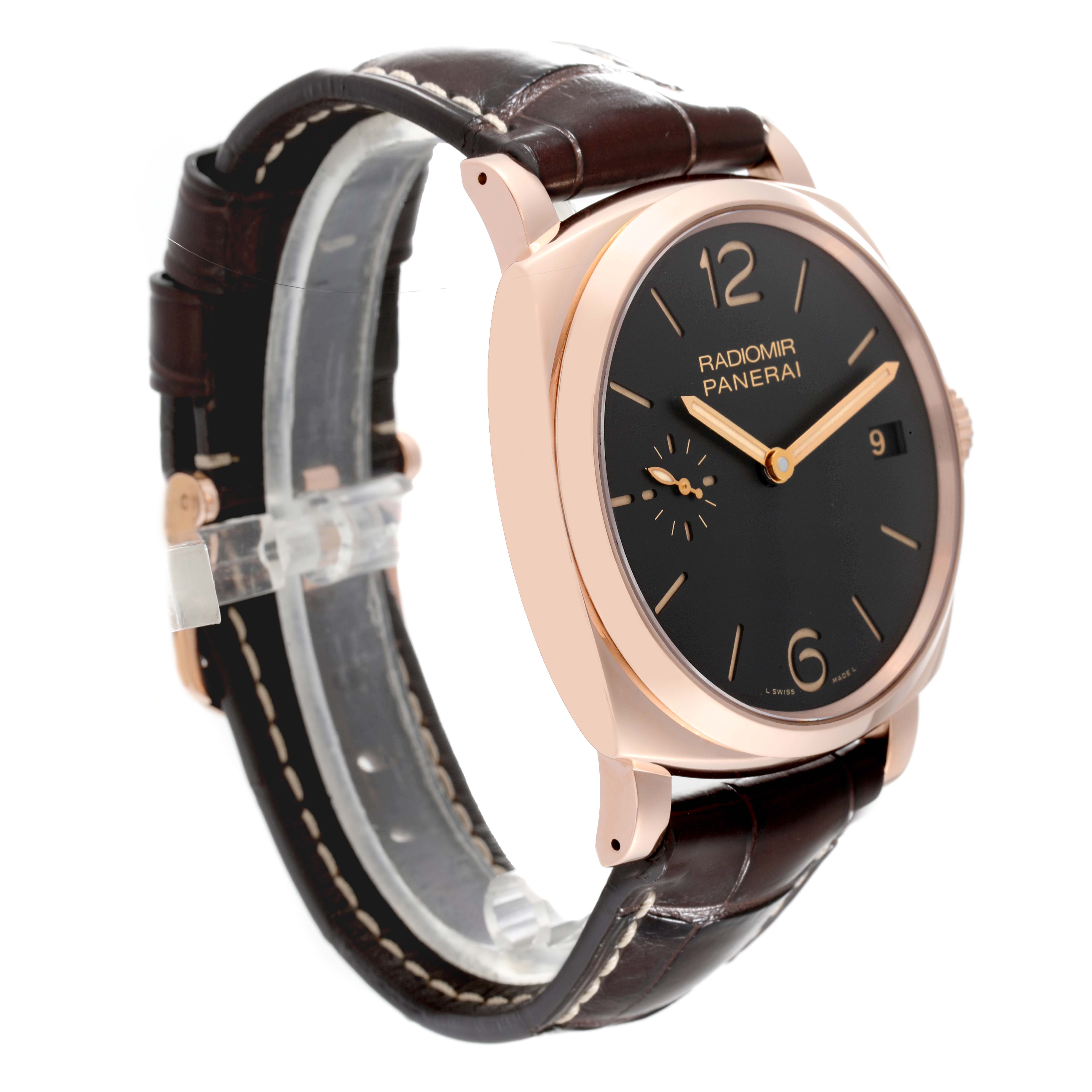 A Panerai Radiomir PAM00515 Men's Rose Gold Black Dial PAM00515 Men's Rose Gold Black Dial watch shown at a slight left angle displays its face, strap, crown, and lugs.
