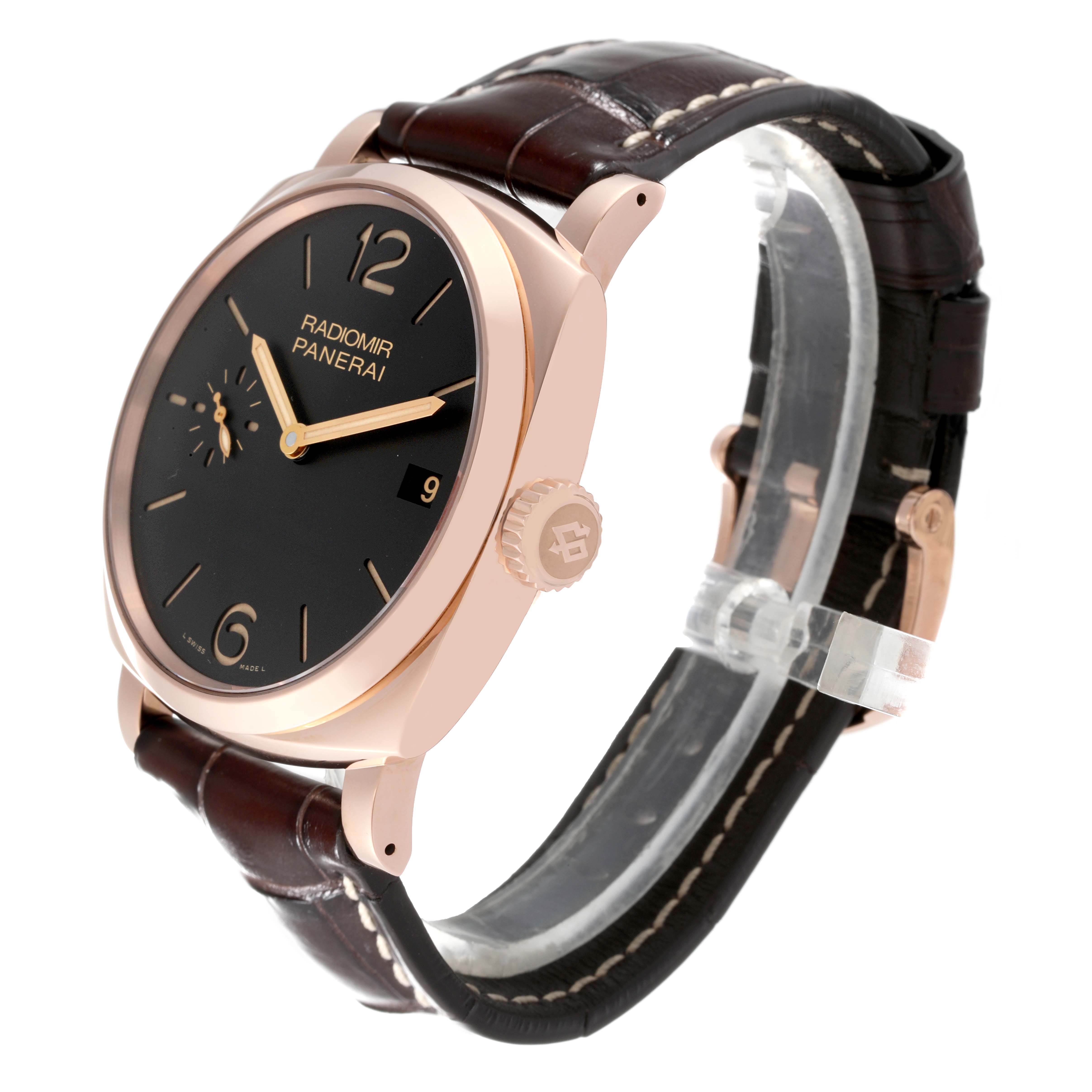 The Panerai Radiomir PAM00515 Men's Rose Gold Black Dial PAM00515 Men's Rose Gold Black Dial watch is shown at a side angle, displaying its dial, case, crown, and leather strap.
