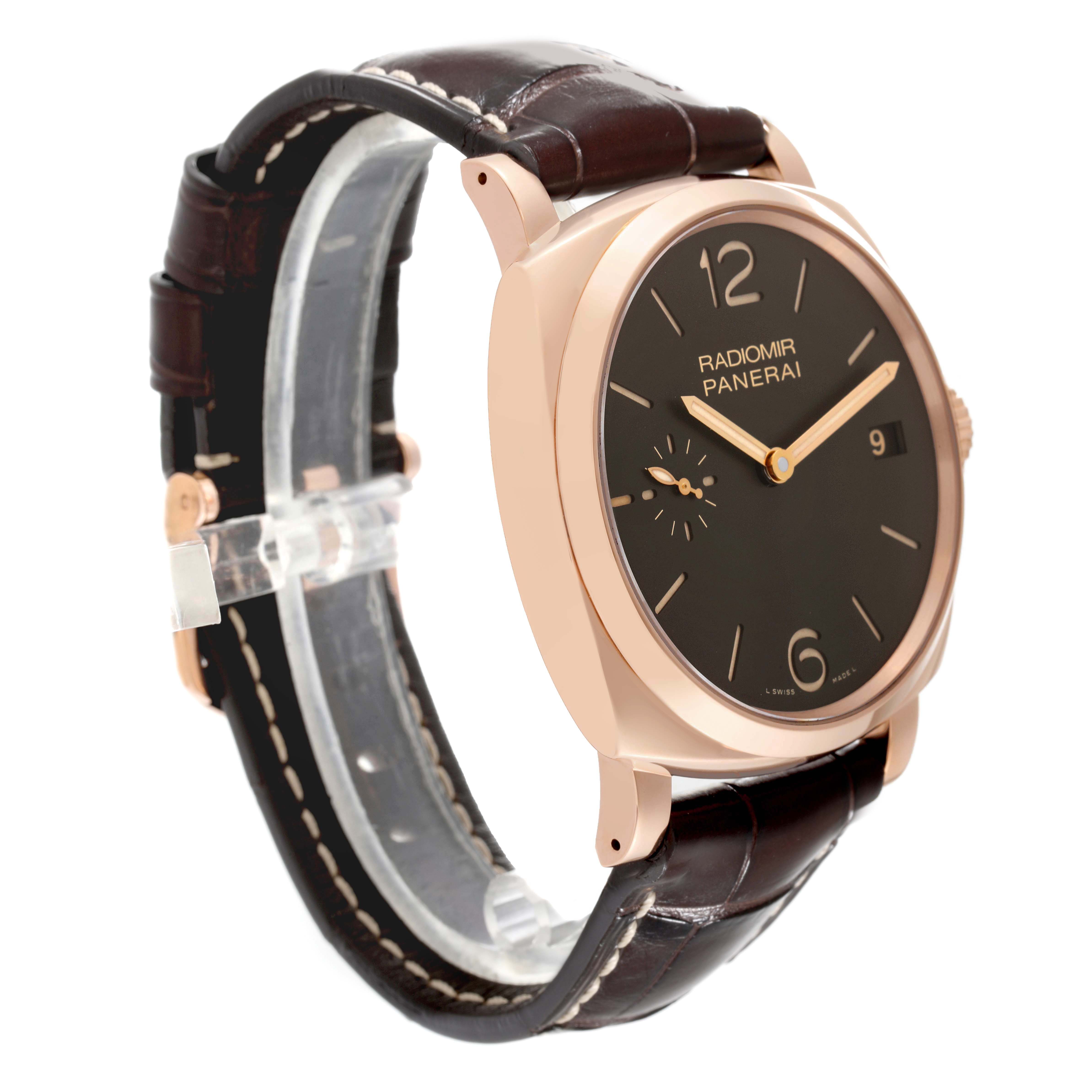The Panerai Radiomir PAM00515 Men's Rose Gold Black Dial watch is shown at a three-quarter angle, displaying its dial, case, bezel, and brown leather strap.