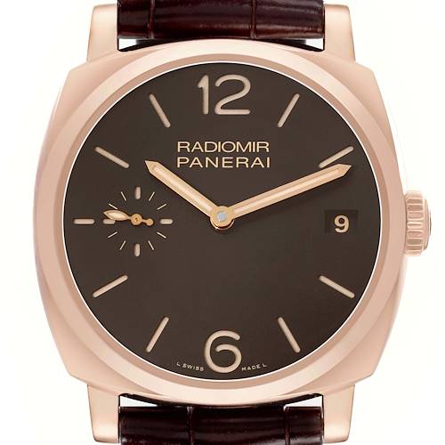 The Panerai Radiomir PAM00515 Men's Rose Gold Black Dial watch is shown from the front, displaying its dial, hands, date window, and crown.