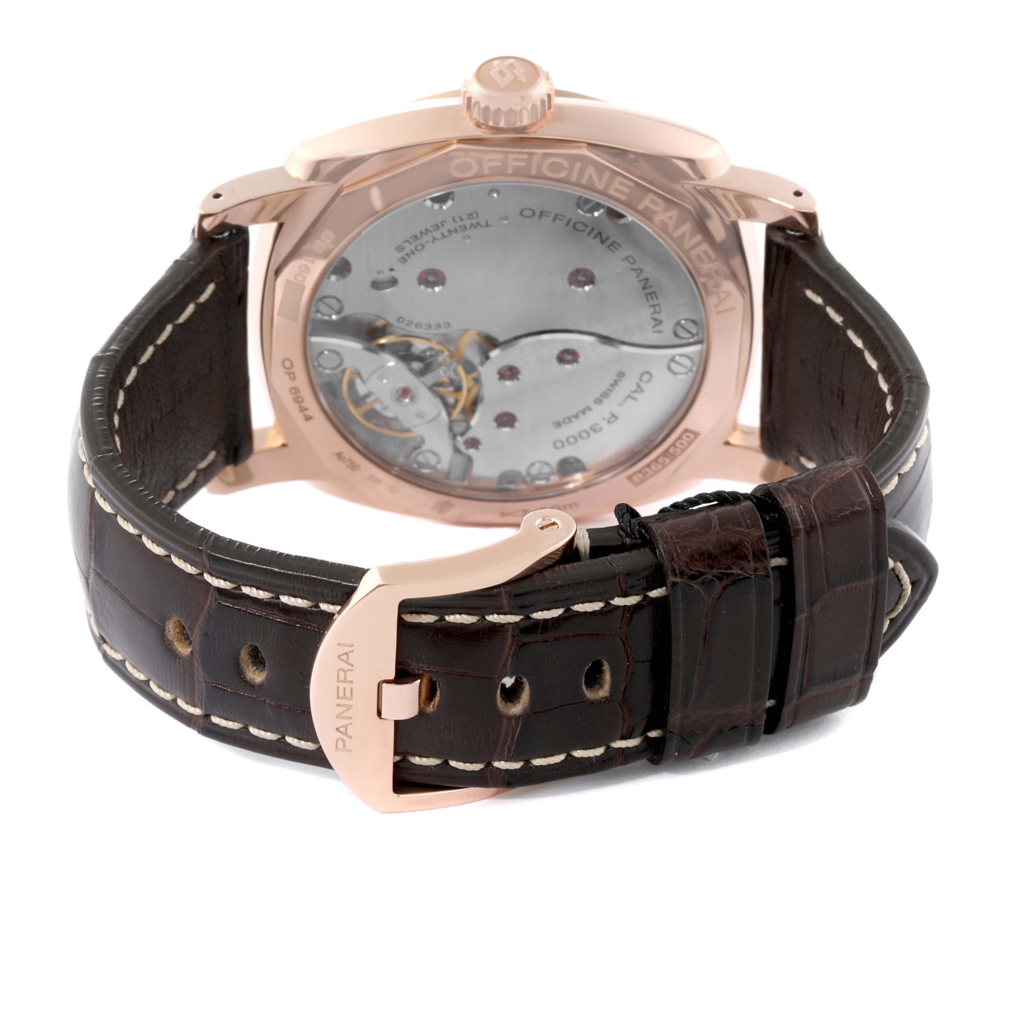 The image shows the back view of a Panerai Radiomir PAM00515 Men's Rose Gold Black Dial PAM00515 Men's Rose Gold Black Dial watch, highlighting its movement and brown leather strap.