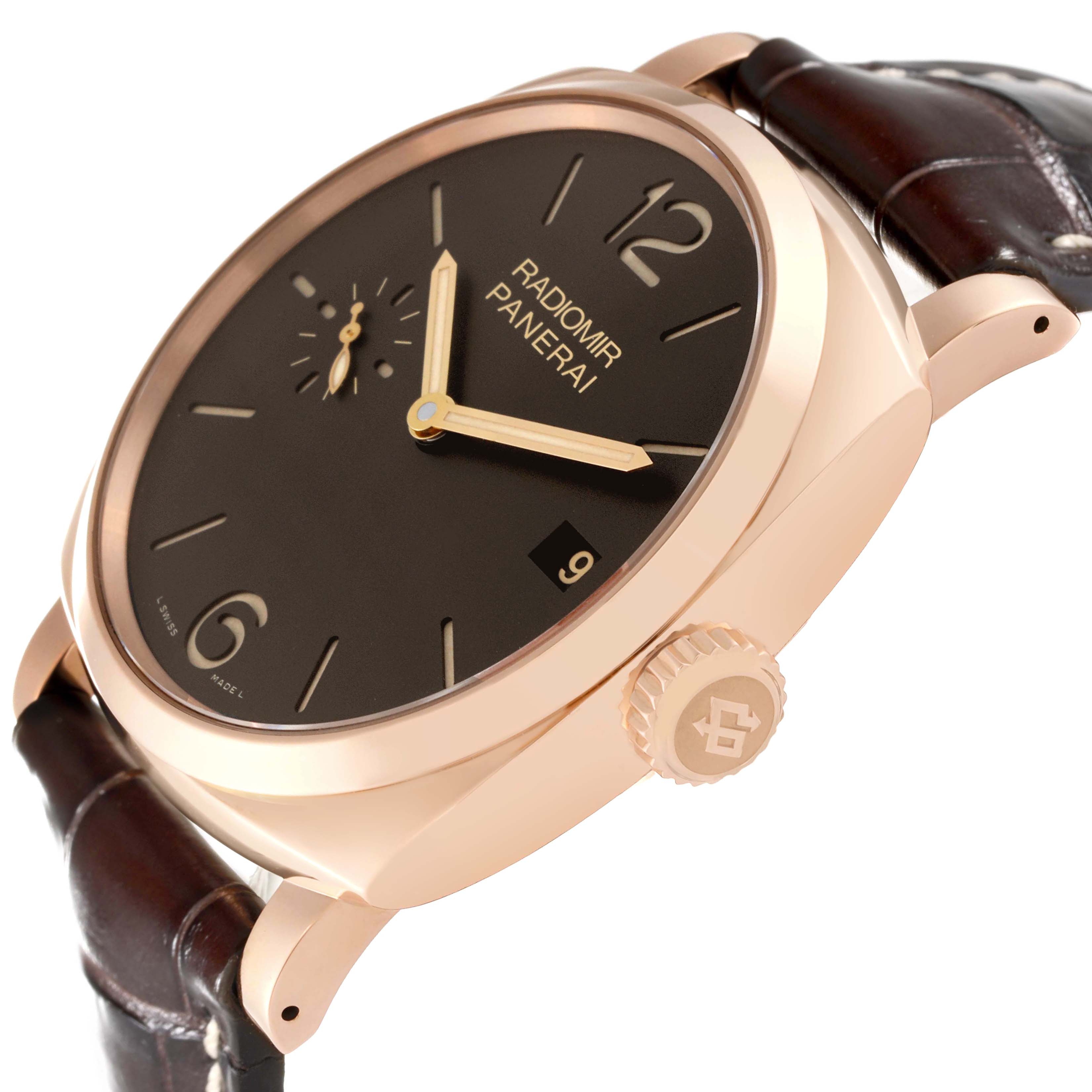 The Panerai Radiomir PAM00515 Men's Rose Gold Black Dial watch is shown at an angled side view, displaying the case, crown, dial, and leather strap.