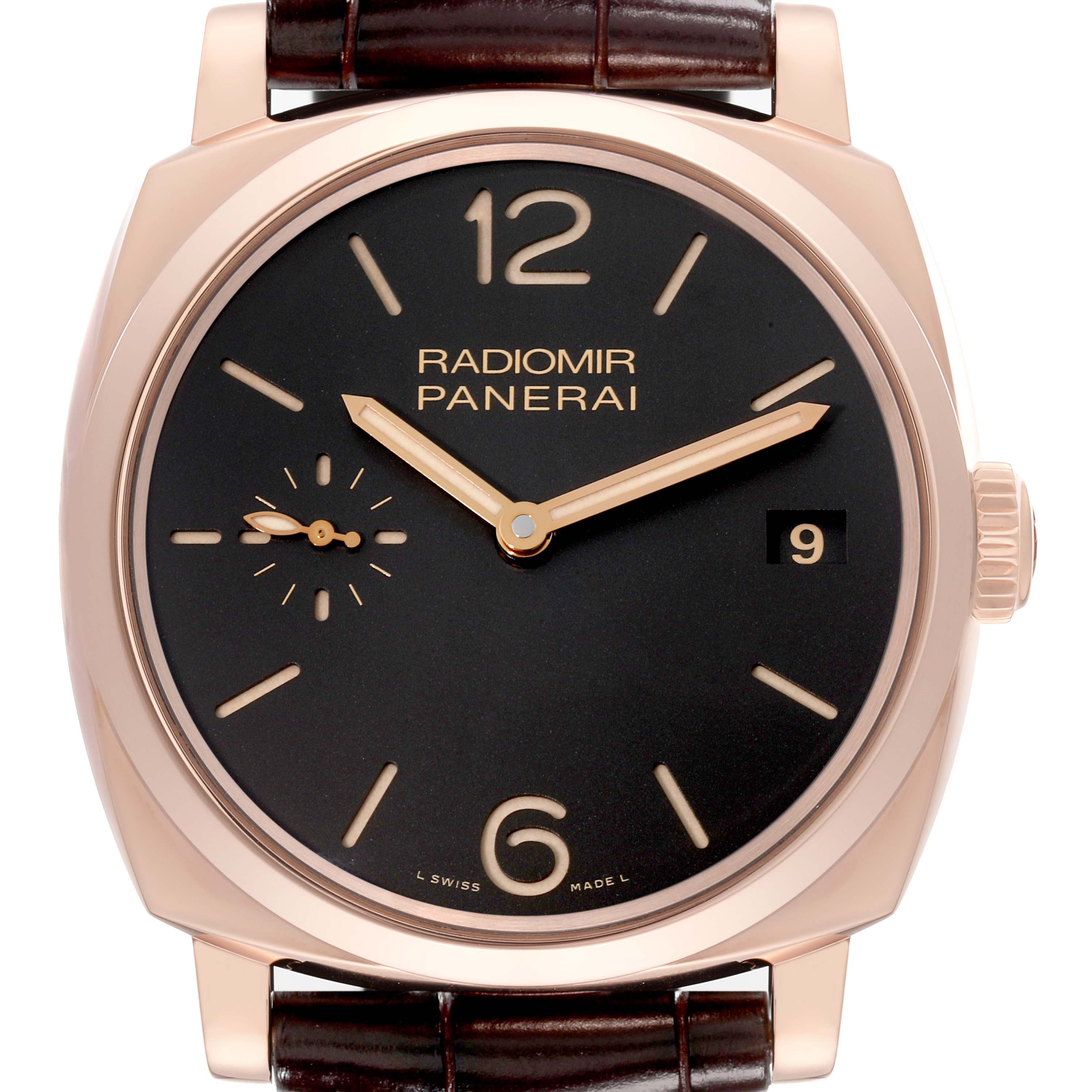 This image shows a front view of the Panerai Radiomir PAM00515 Men's Rose Gold Black Dial PAM00515 Men's Rose Gold Black Dial watch, featuring its dial, hands, crown, and strap.