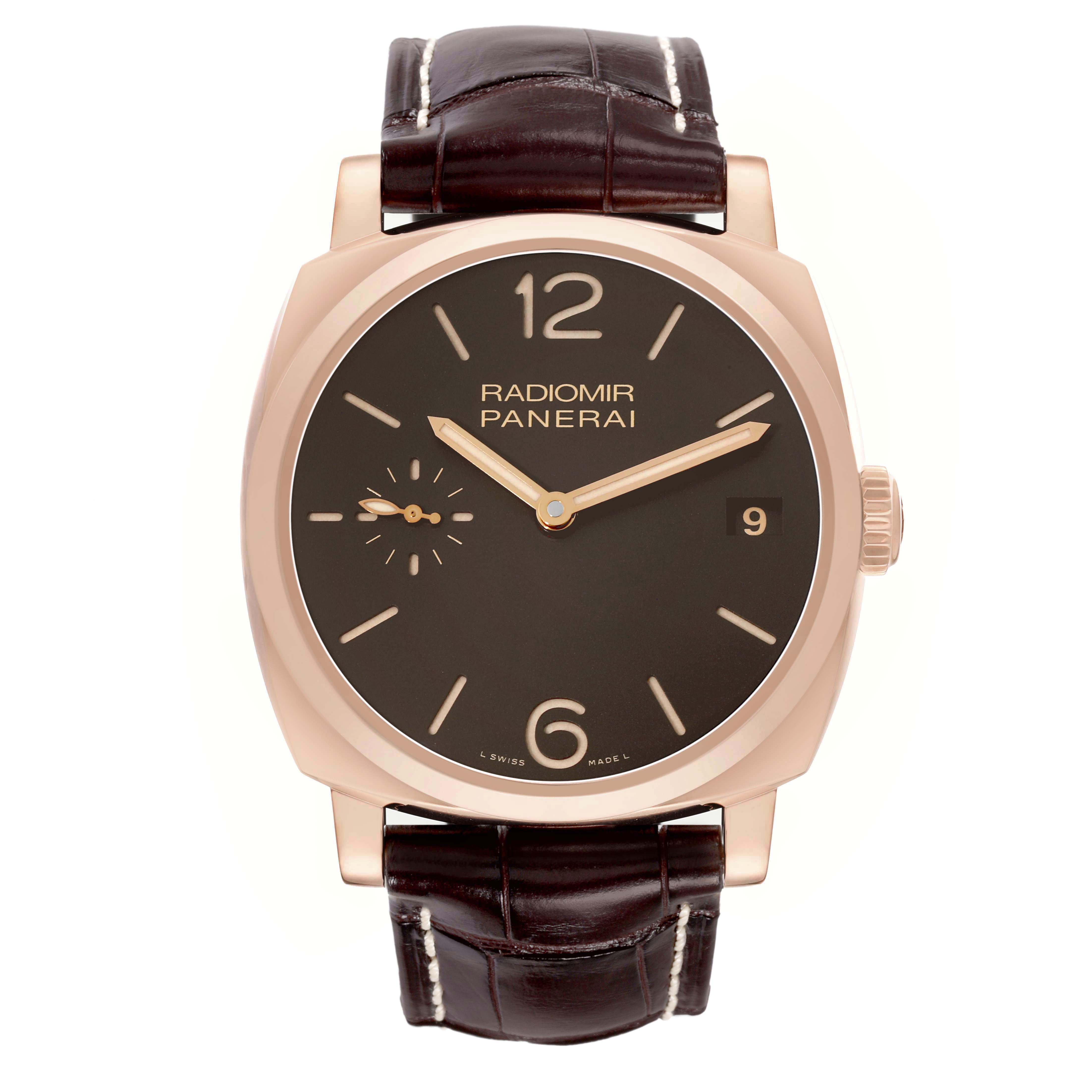 The Panerai Radiomir PAM00515 Men's Rose Gold Black Dial watch is shown from the front, displaying the dial, case, strap, and crown.