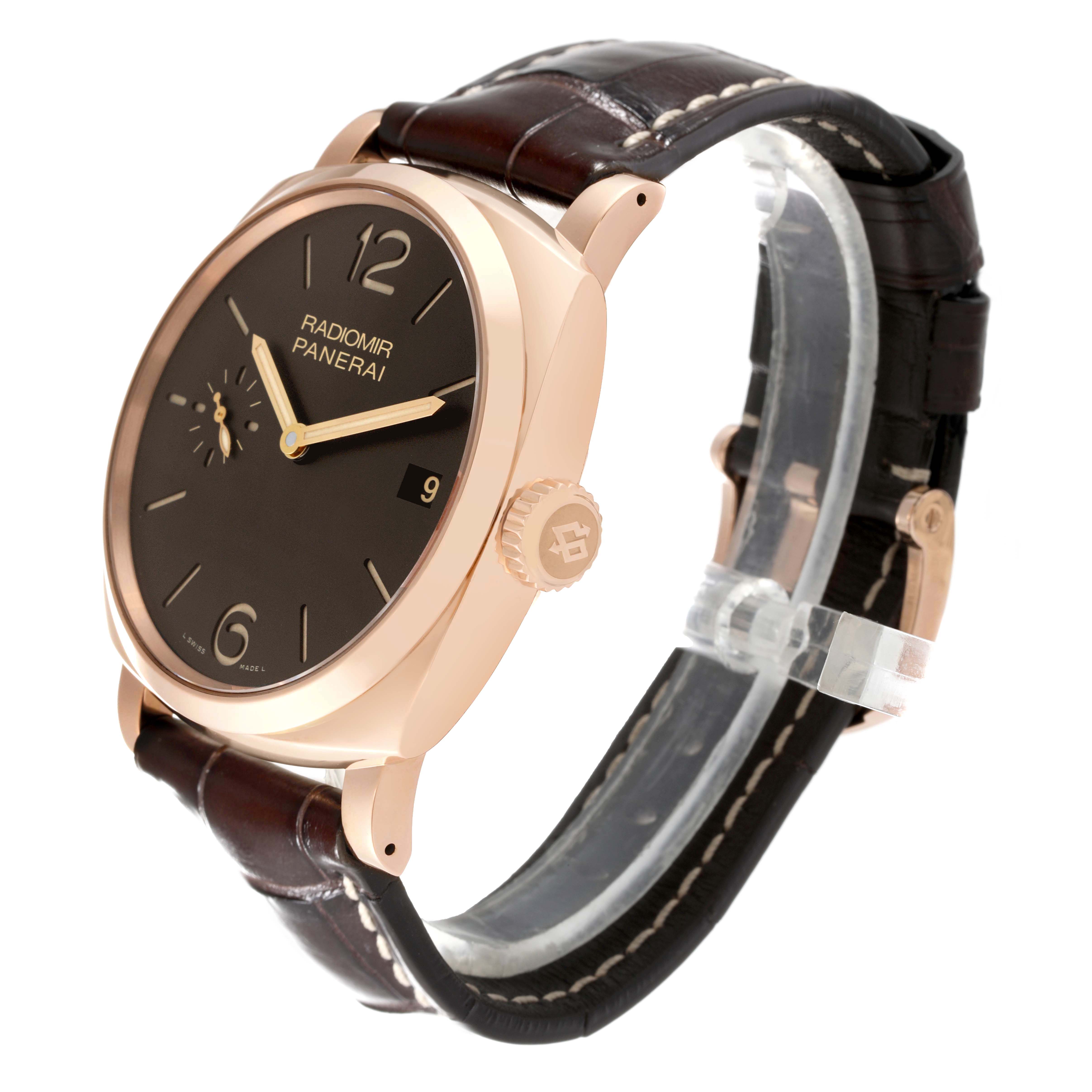 The Panerai Radiomir PAM00515 Men's Rose Gold Black Dial watch is shown at an oblique angle, highlighting the face, crown, and leather strap with visible stitching.