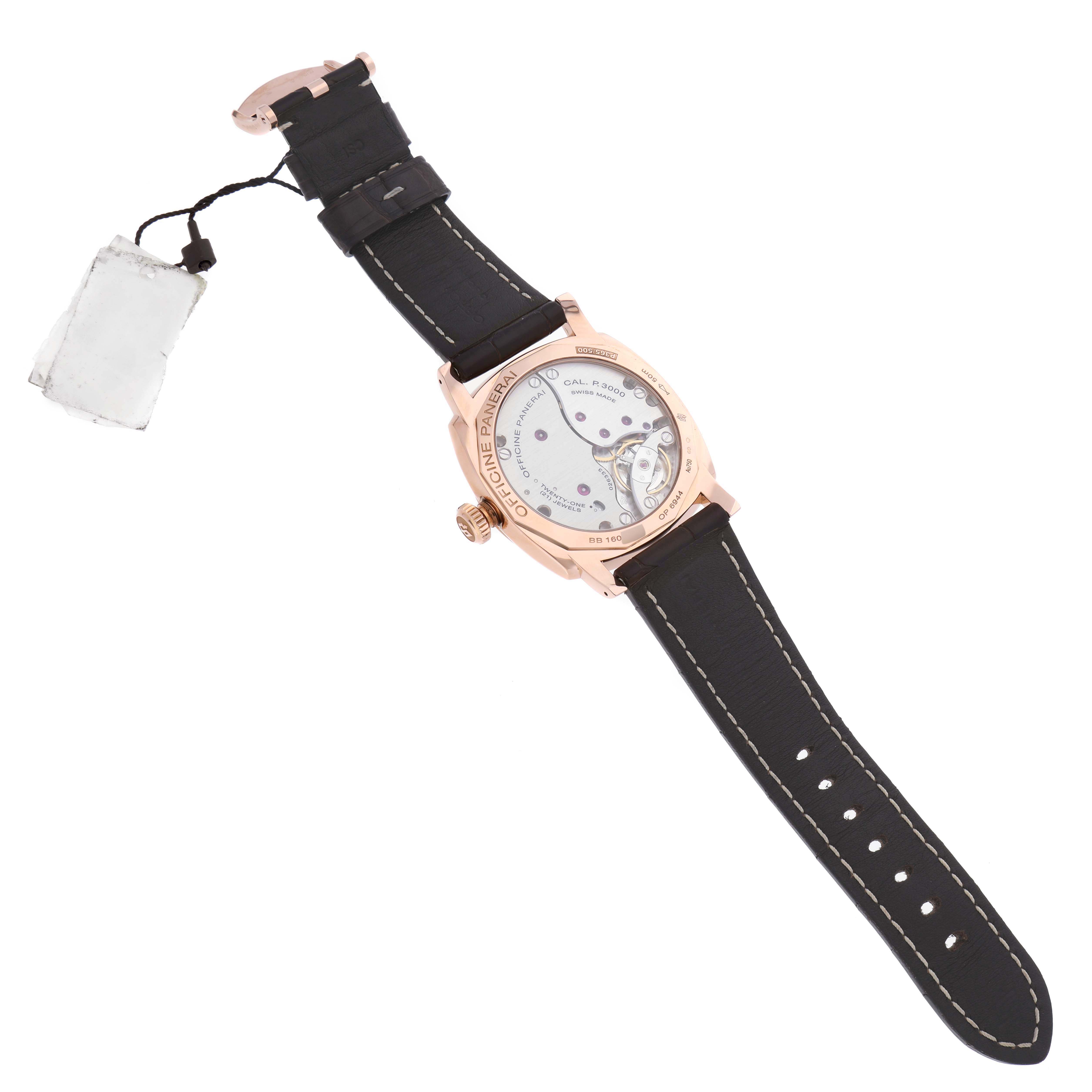 The Panerai Radiomir PAM00515 Men's Rose Gold Black Dial watch is shown from the back, displaying the movement and black leather strap.