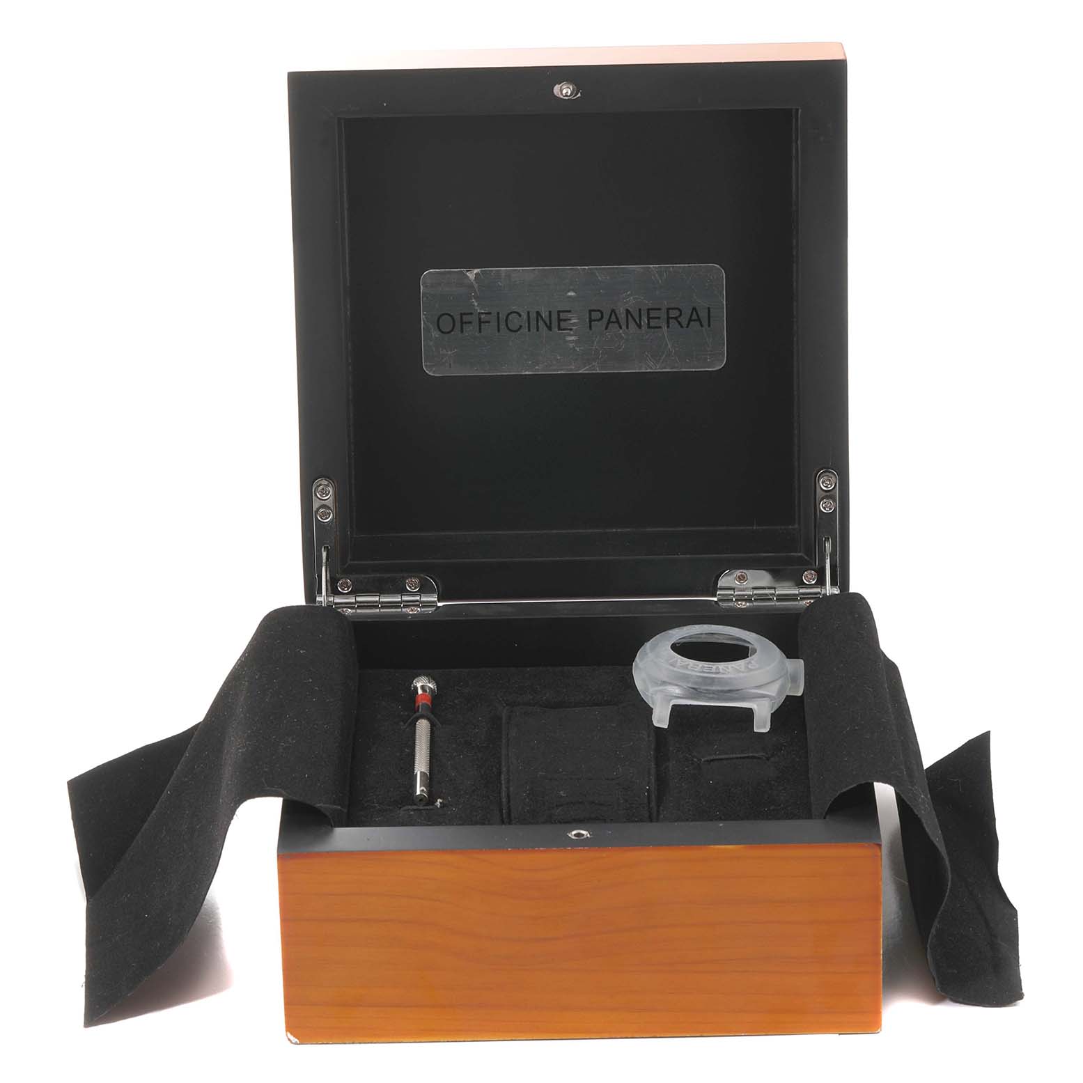 The image shows the open box and accessories for a Panerai Radiomir PAM00515 Men's Rose Gold Black Dial PAM00515 Men's Rose Gold Black Dial watch, including a screwdriver and a protective case holder.