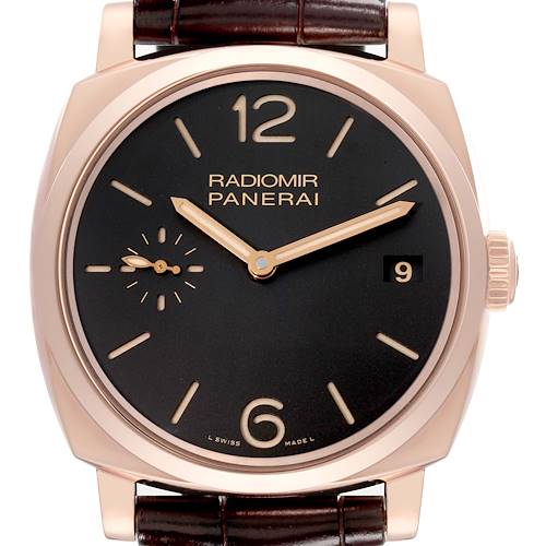 This image shows a frontal view of a Panerai Radiomir watch, displaying its dial and brown leather strap.