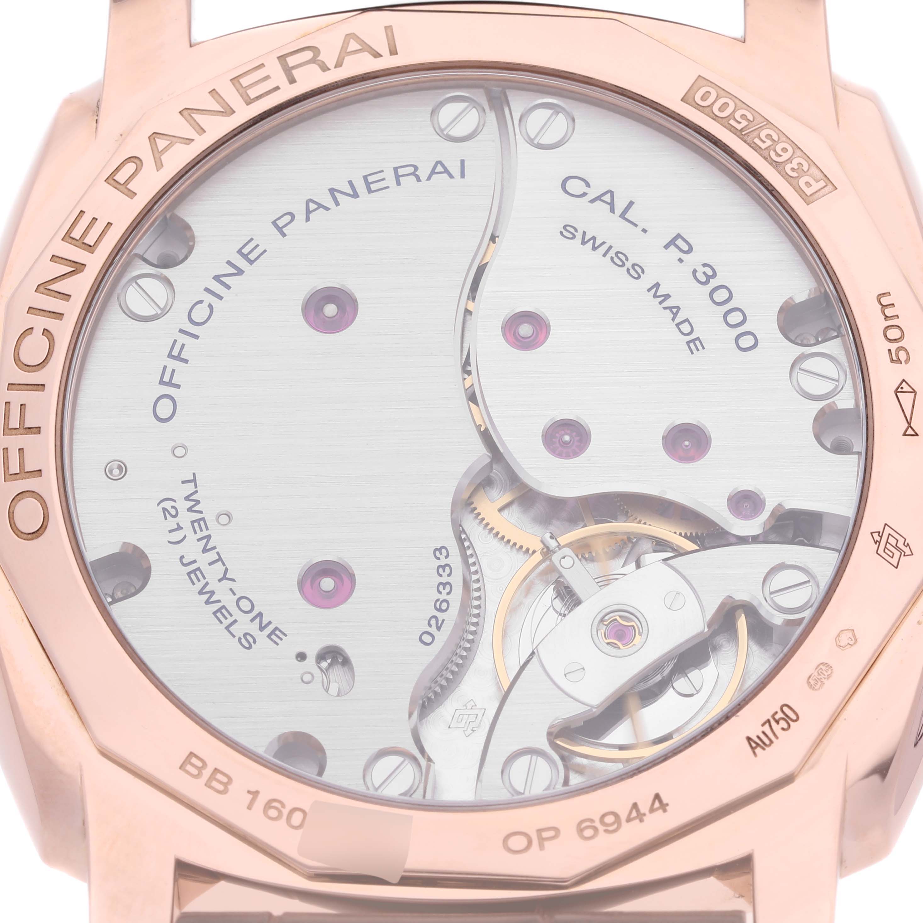 The image shows the back side and movement mechanics of a Panerai Radiomir PAM00515 Men's Rose Gold Black Dial PAM00515 Men's Rose Gold Black Dial watch.